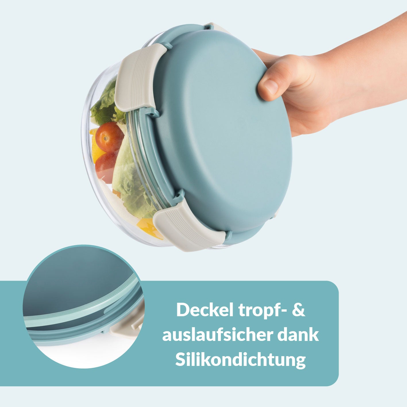 Glas-Lunchbox Klick-it mit integriertem Kühlakku 950 ml grau/grün, tropf- und auslaufsicherer Deckel mit 4-fach-Klickverschluss.