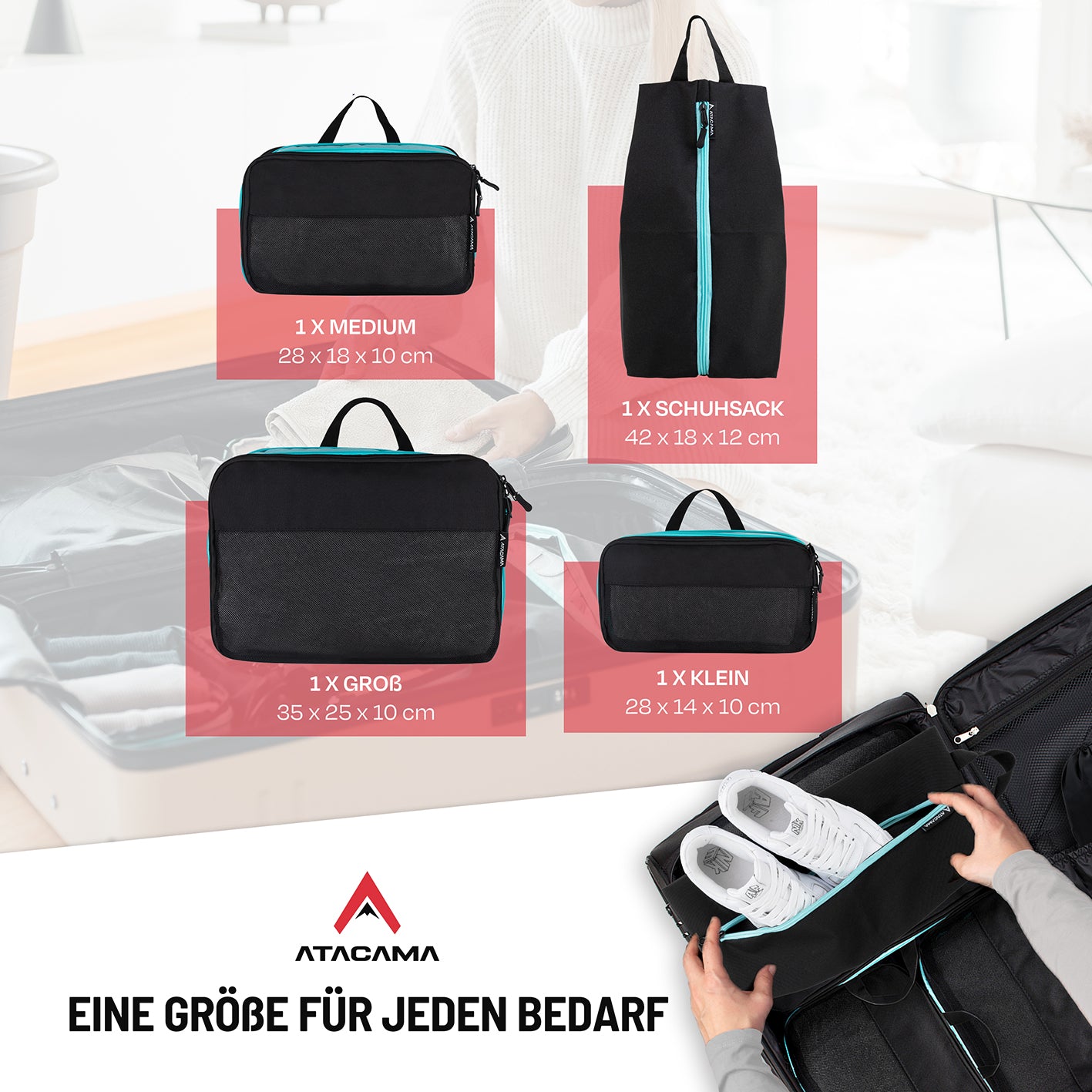 Kompressions-Packwürfel-Set / 4er-Set - Schwarz-Türkis mit 4 Größen inkl. Schuhtasche für optimale Reiseorganisation und Platzersparnis.