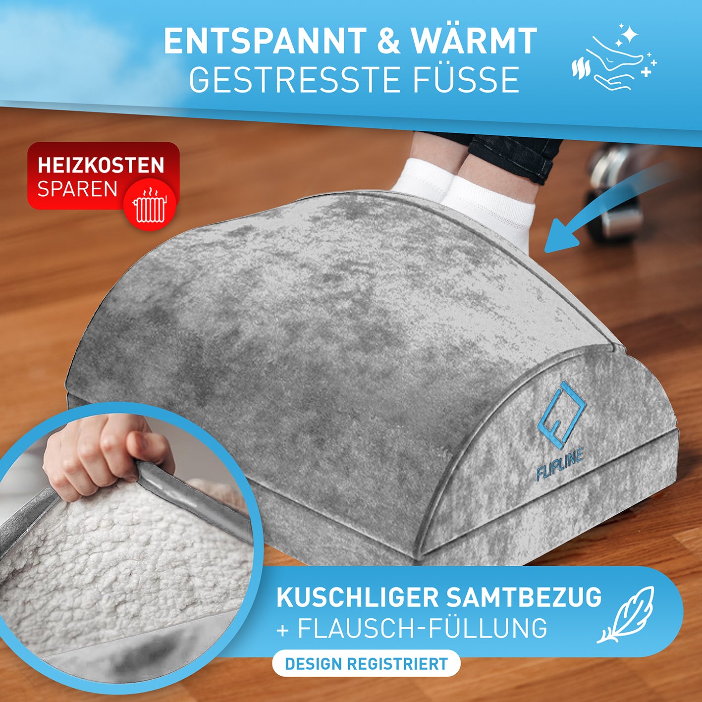 Schreibtisch-Fußstütze mit Fußtasche - Silber-Grau mit kuschligem Samtbezug für warme, entspannte Füße im Büro und Homeoffice.