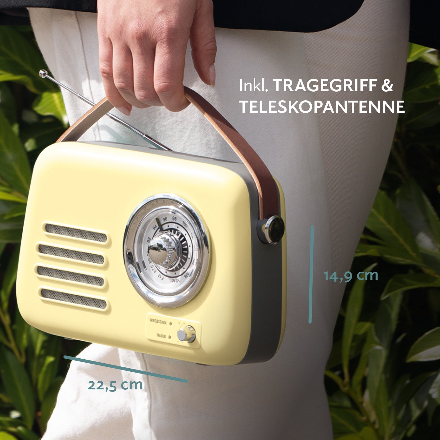 Radio Retro - Stil der 50er-Jahr - Vanille mit Tragegriff, Teleskopantenne, analoger Frequenzanzeige und kabellosem Musikempfang