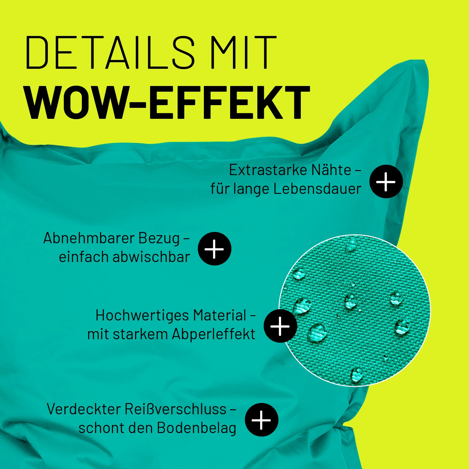 Sitzsack Classic XXL (380 L) Türkis mit extrastarken Nähten, abnehmbarem Bezug, Abperleffekt und verdecktem Reißverschluss.