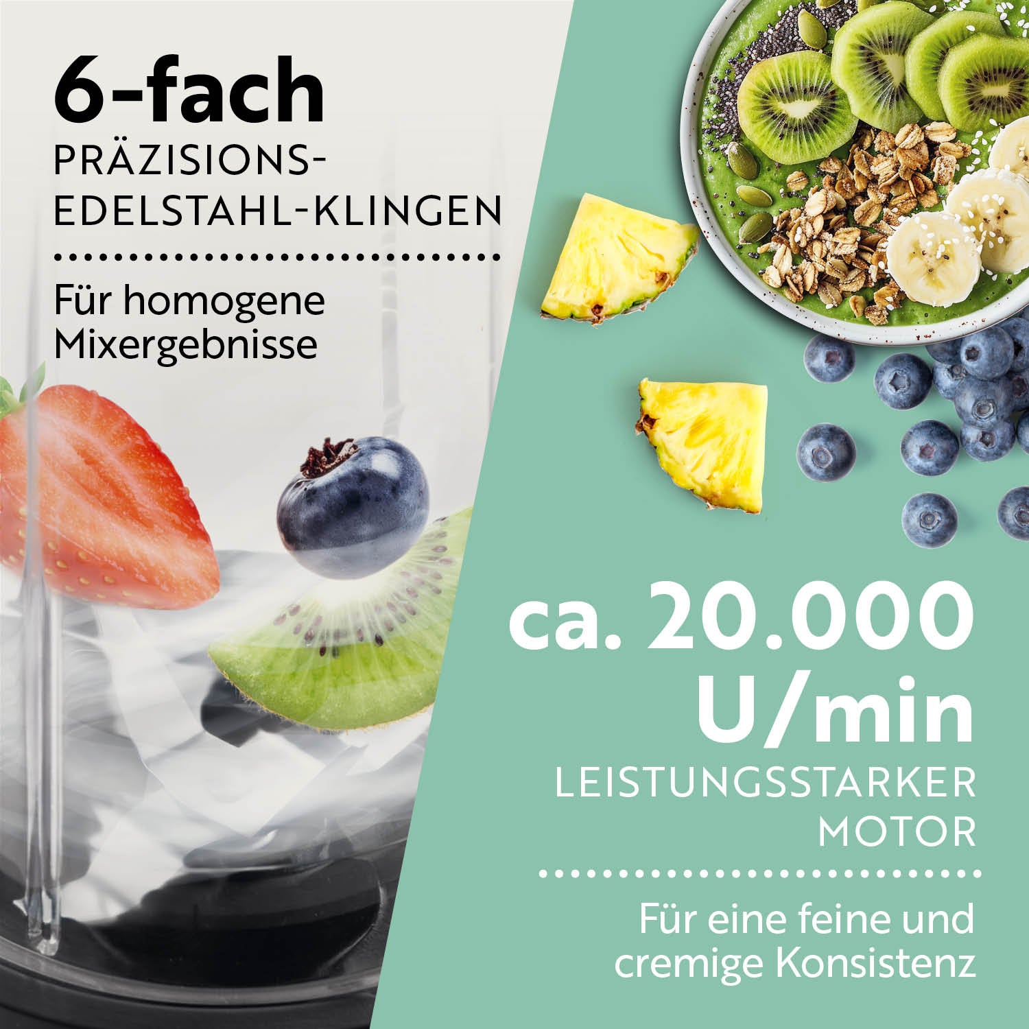 Mr. Magic Mixer - Silber/Schwarz mit 6-fach Edelstahlklingen, 400 Watt Motor und ca. 20.000 U/min für cremige Mixergebnisse.
