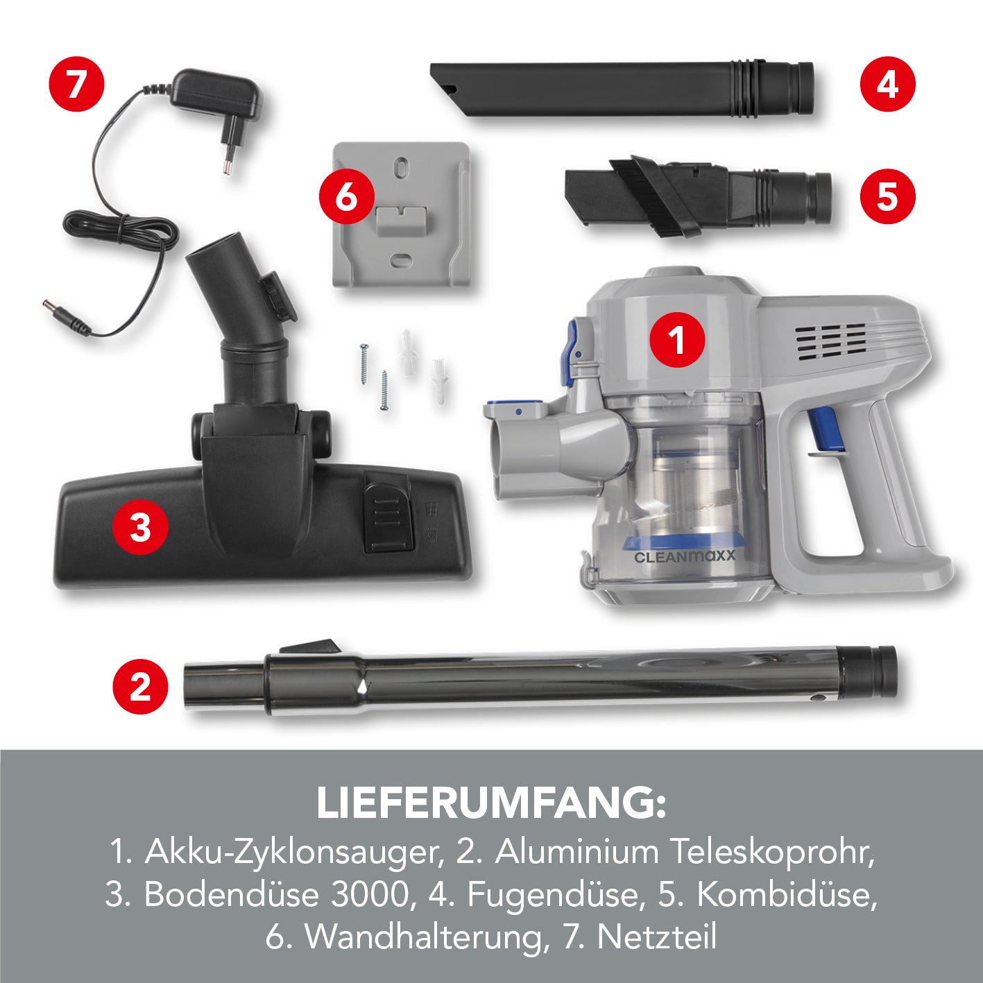 Akku-Zyklon-Staubsauger - hellgrau/blau mit 22,2 V Akku, Teleskoprohr, Bodendüse, Fugendüse, Kombidüse und Wandhalterung.