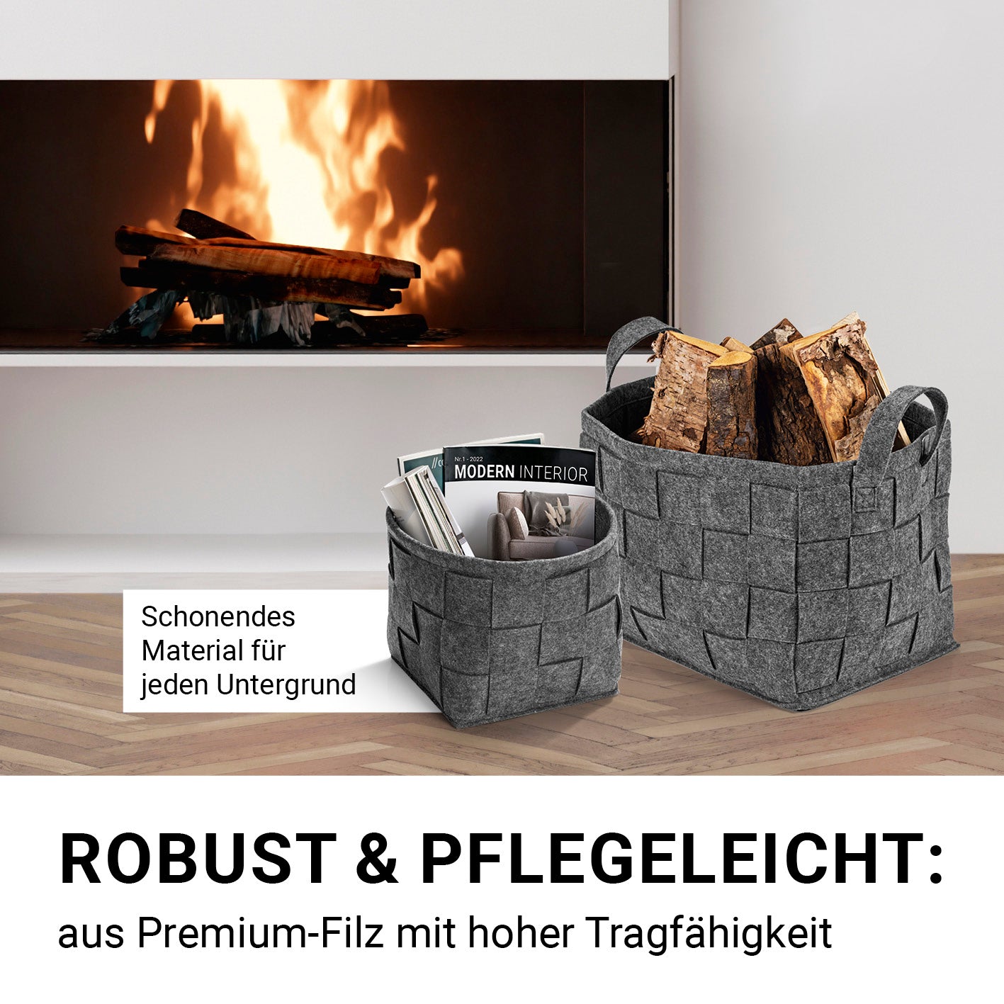 Filz-Aufbewahrungstasche M - 35 x 25 x 25 cm - Dunkelgrau, faltbarer Filzkorb mit stabilen Griffen und schont Böden.
