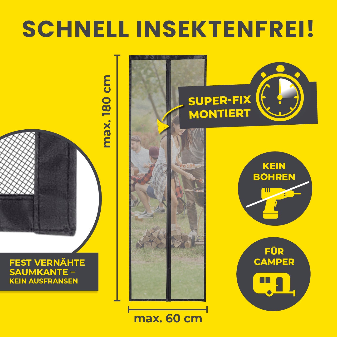 Insektenschutzvorhang für Wohnwagen - 60 x 180 cm mit starker Magnetbefestigung, kein Bohren, einfache Montage, luftdurchlässig und halbtransparent.
