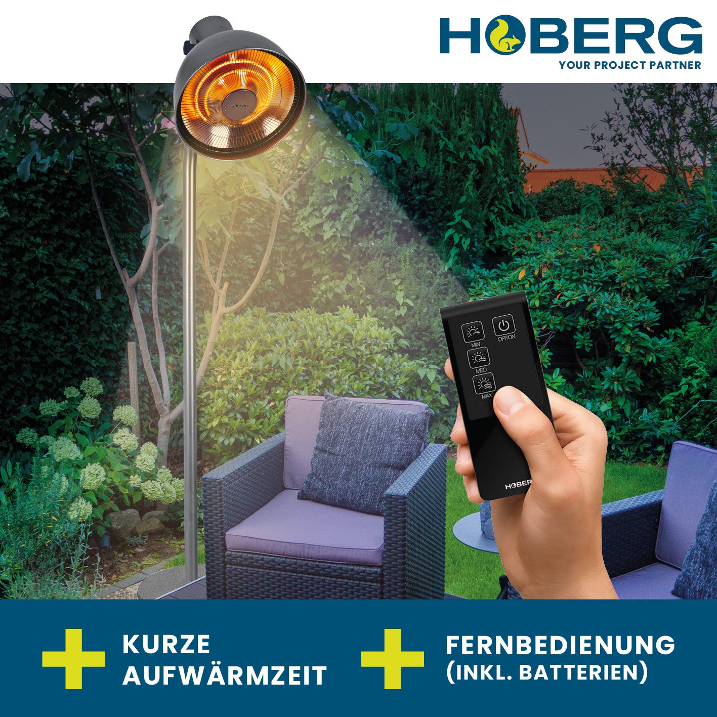 Infrarot-Heizstrahler mit Standfuß im Lampen-Design mit Fernbedienung und drei Heizstufen für drinnen und draußen.