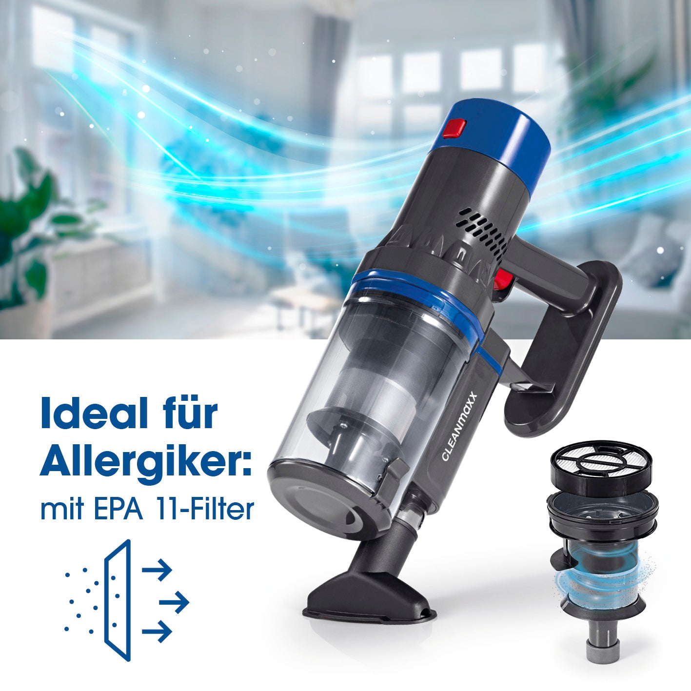 Kabelloser Hand- und Bodenstaubsauger mit EPA 11-Filter, ideal für Allergiker, leistungsstark und flexibel einsetzbar für alle Böden.