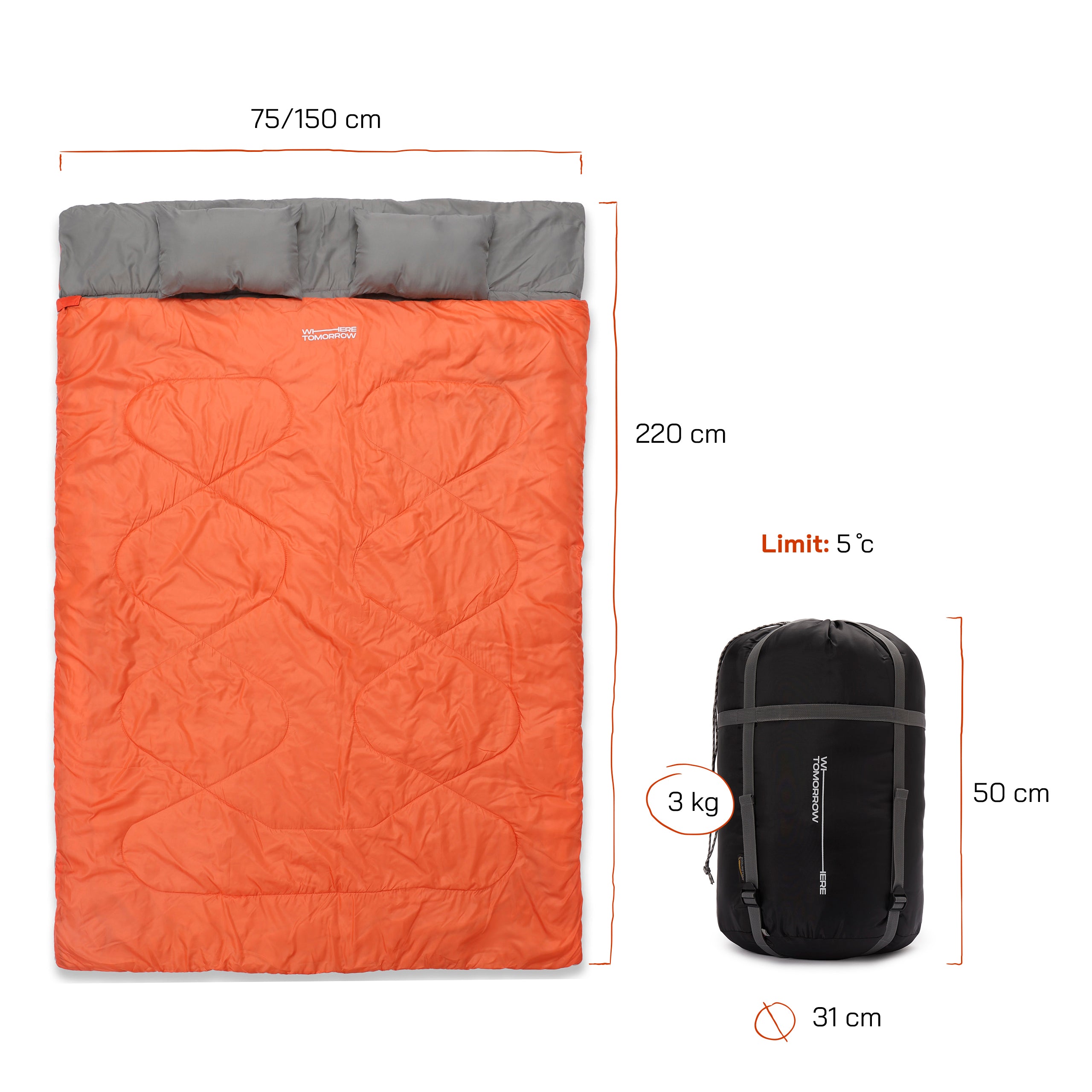 Doppelschlafsack mit Tragetasche - 2-Personen Schlafsack 190x150 cm, orange, wasserabweisend, für Camping und Outdoor bis 5 °C geeignet.
