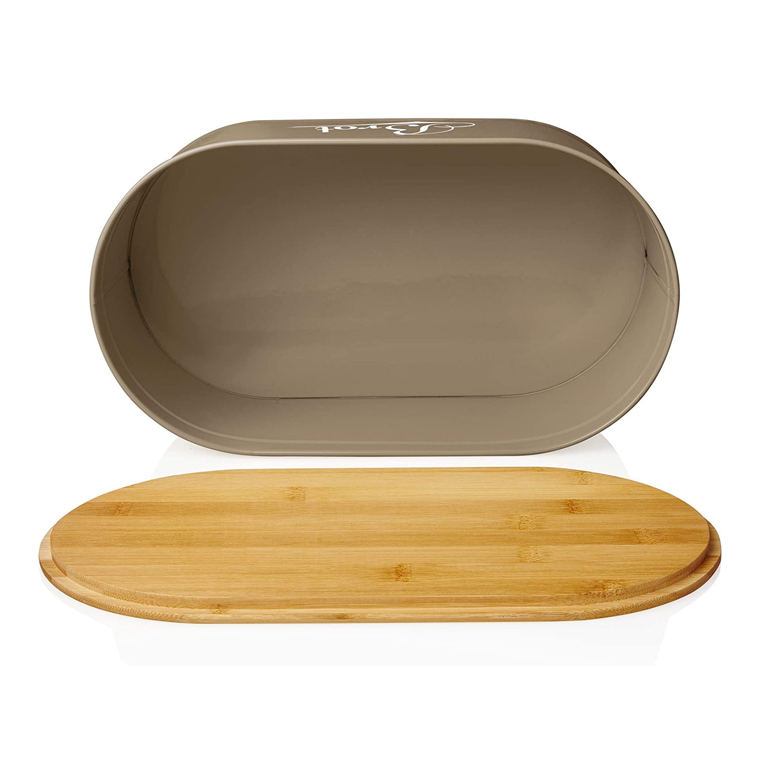 Cuisine Brotkasten aus Metall mit Bambus Deckel - Oval 36 x 20 x 13,8 cm in Grau, praktischer, luftdurchlässiger Brotkasten mit Schneidebrett.