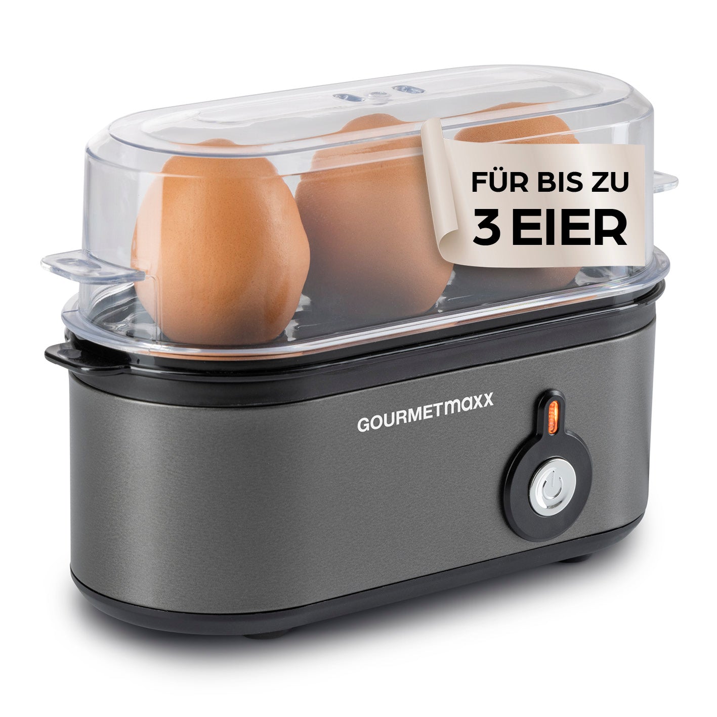Design-Eierkocher 3 Eier - Anthrazit mit transparentem Deckel, Platz für drei Eier und einfacher Bedienung für perfekte Eierzubereitung.