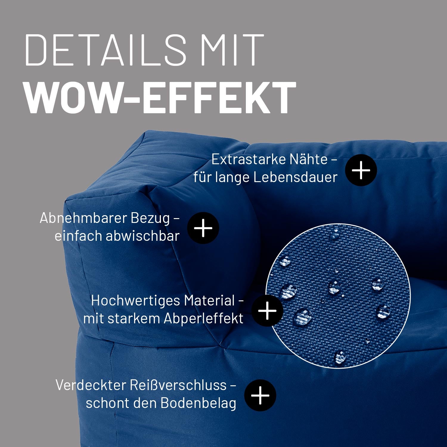 Sitzsack-Sofa Sessel (400 L) - Modulares System - indoor & outdoor - Navyblau mit abwischbarem Bezug und extrastarken Nähten für lange Lebensdauer