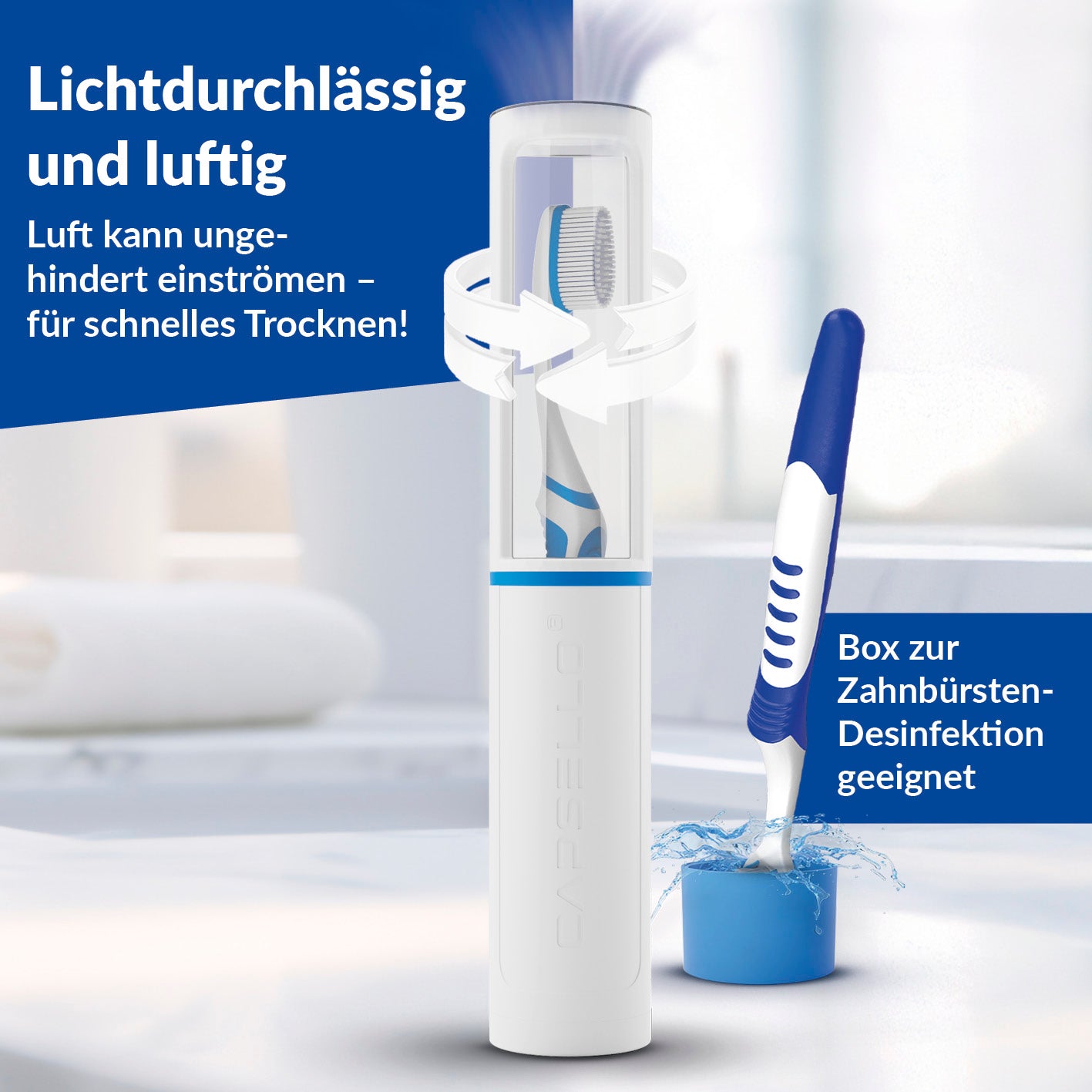 Zahnbürstenbox - weiß mit belüftetem Deckel für schnelles Trocknen und Desinfektion Ihrer Zahnbürste unterwegs oder zu Hause.