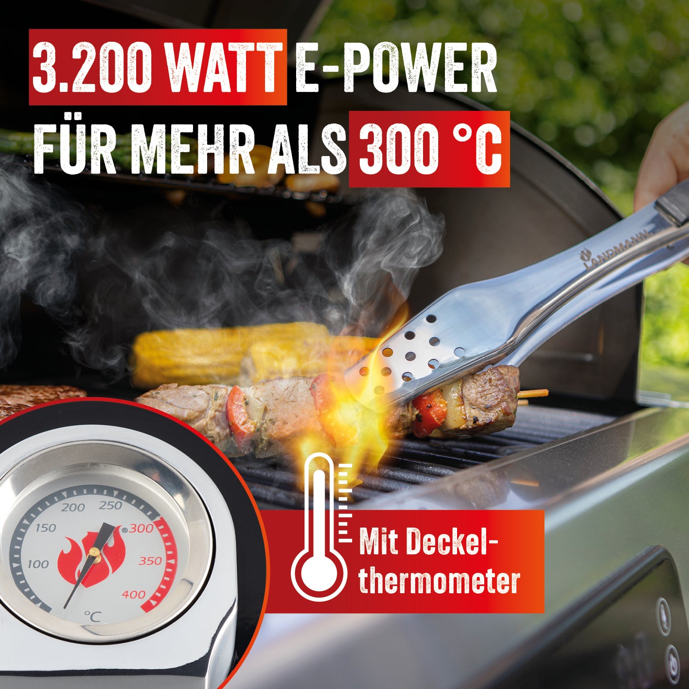 VOLTRIS Elektro-Grillwagen - Schwarz mit 3200 Watt, Deckelthermometer und bis zu 300 °C für direktes und indirektes Grillen.