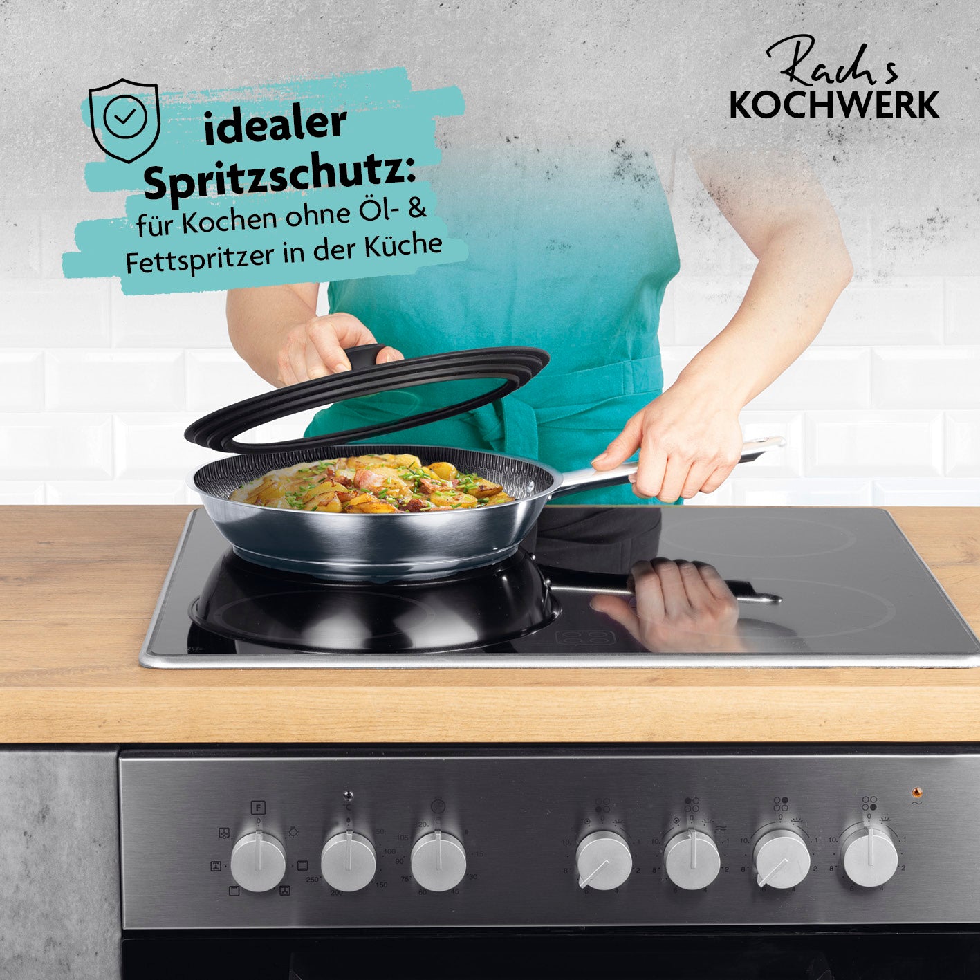 Universal-Glasdeckel mit hitzebeständigem Griff und Silikonrand als idealer Spritzschutz für Töpfe und Pfannen 24-28 cm.