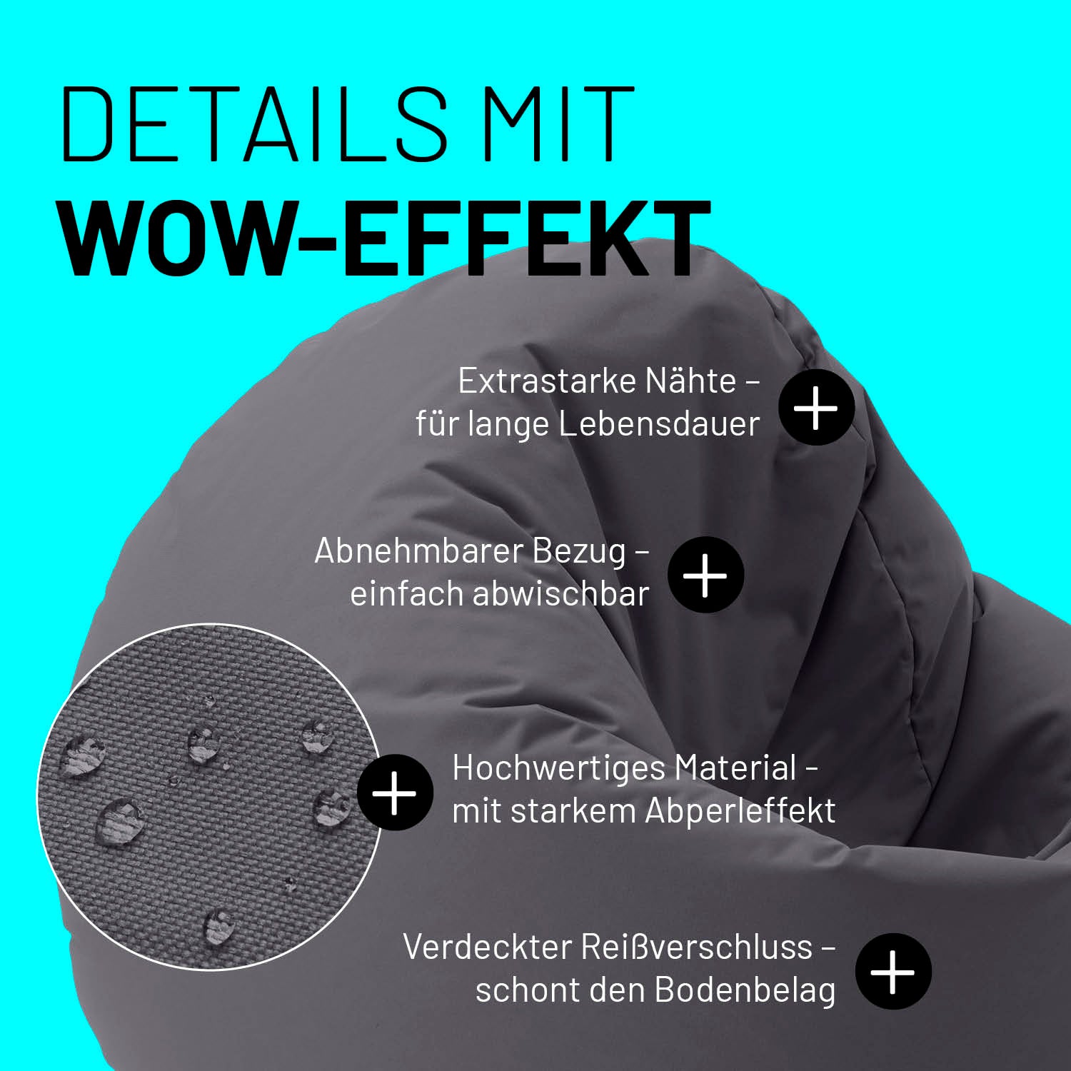 Sitzsack Drops (300 L) - indoor & outdoor - Anthrazit mit extrastarken Nähten, abnehmbarem Bezug, Abperleffekt und verdecktem Reißverschluss.