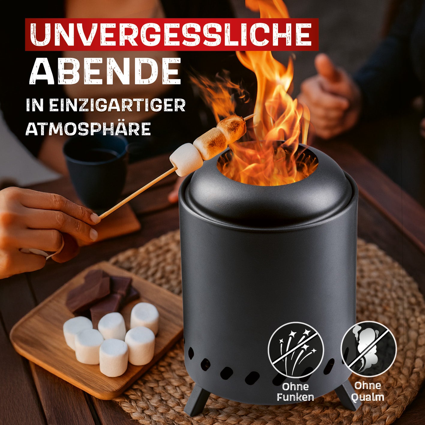 Feuerkorb raucharm - Ø 18 cm - Schwarz, kompakt, raucharm, pulverbeschichteter Stahl, ideal für Garten und Outdoor, mit Belüftungslöchern.