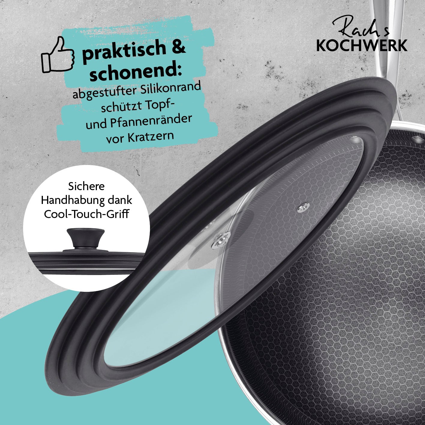 Universal-Glasdeckel mit Silikonrand schützt Töpfe vor Kratzern, hitzebeständig und mit sicherem Cool-Touch-Griff.