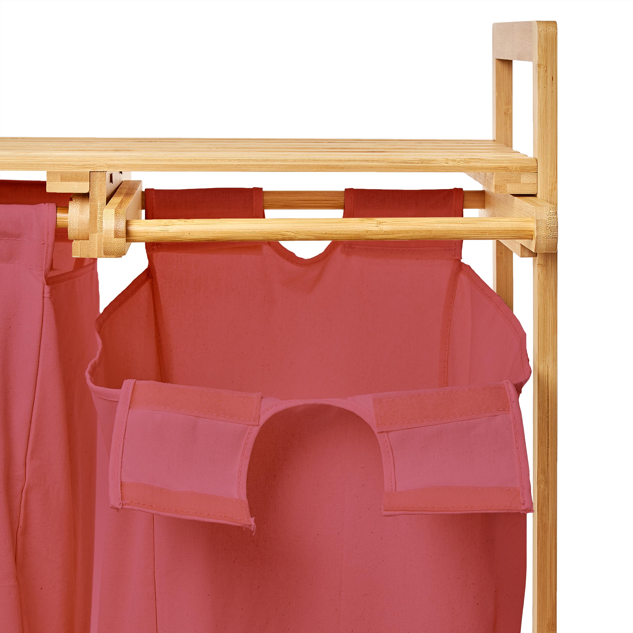 Bambus Wäschekorb mit 2 ausziehbaren rosa Wäschesäcken, 73x64x33 cm, wasserabweisend und platzsparend.