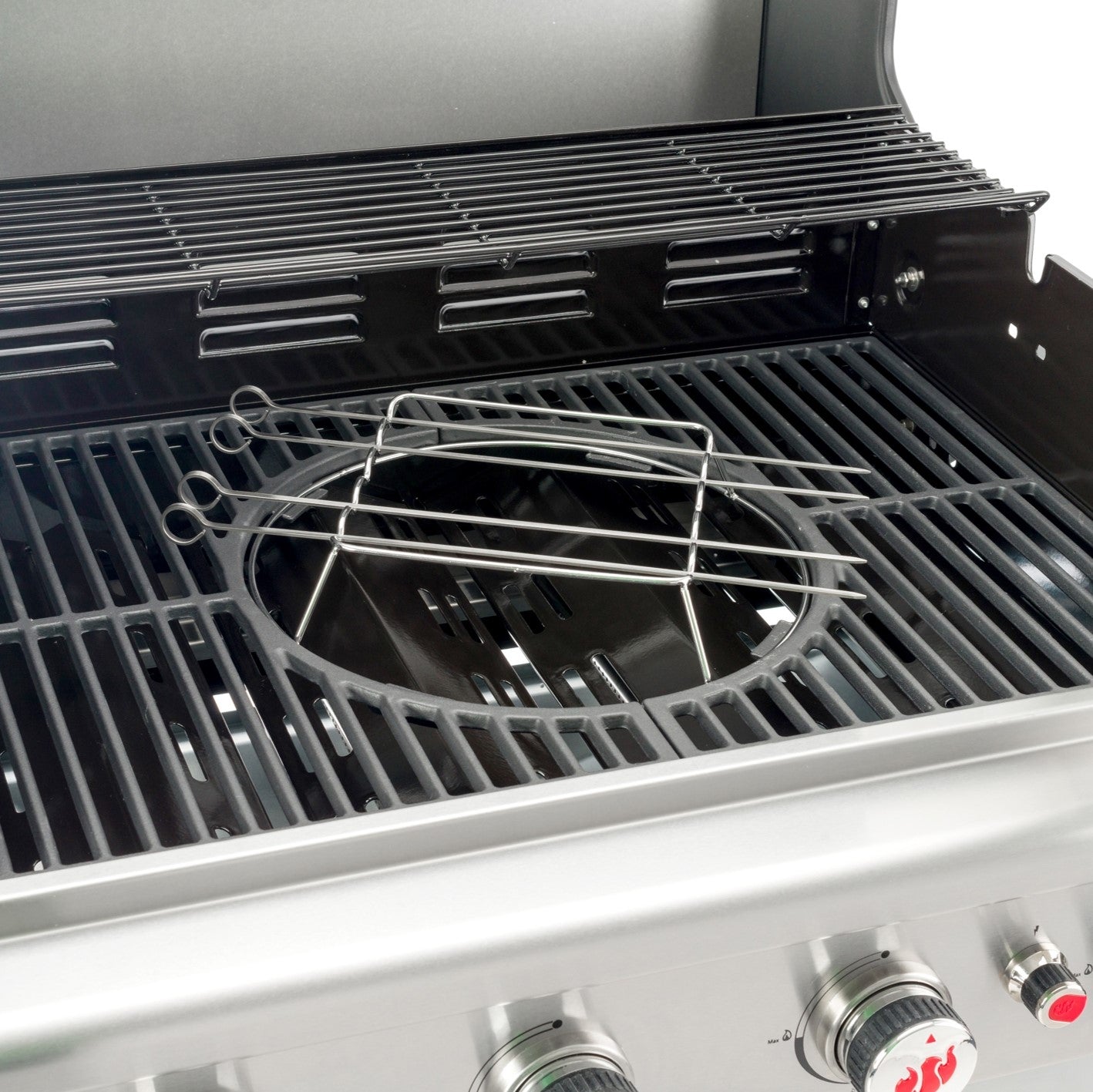 Grillspieß-Set - 41 cm - Edelstahl mit 5 drehbaren Spießen und Edelstahlring für gleichmäßiges Grillen ohne Anbrennen.