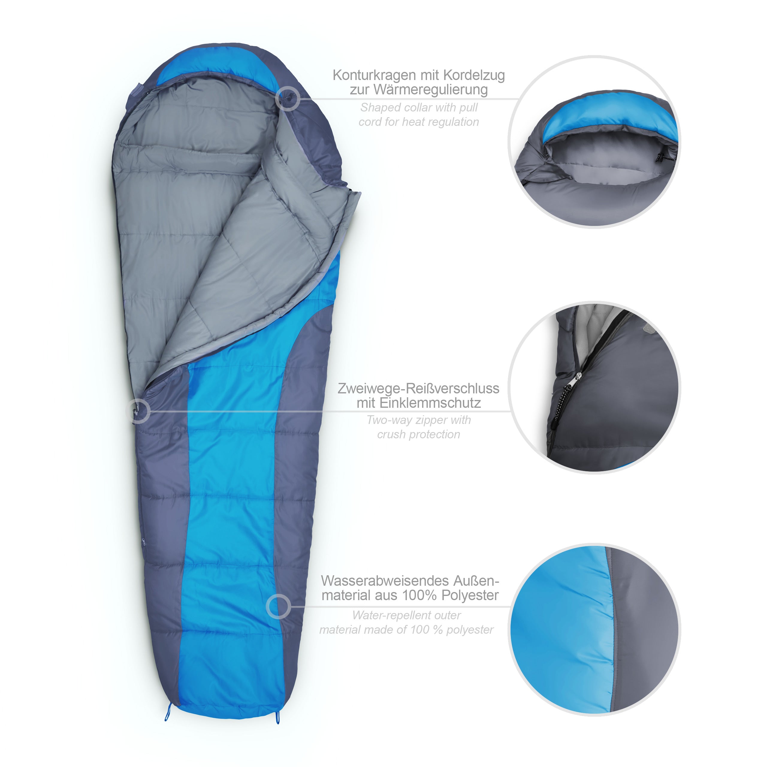 Camping Schlafsack Classic - Mumienschlafsack blau mit wasserabweisendem Außenmaterial, Konturkapuze und Zweiwege-Reißverschluss, 230 x 80 x 55 cm.