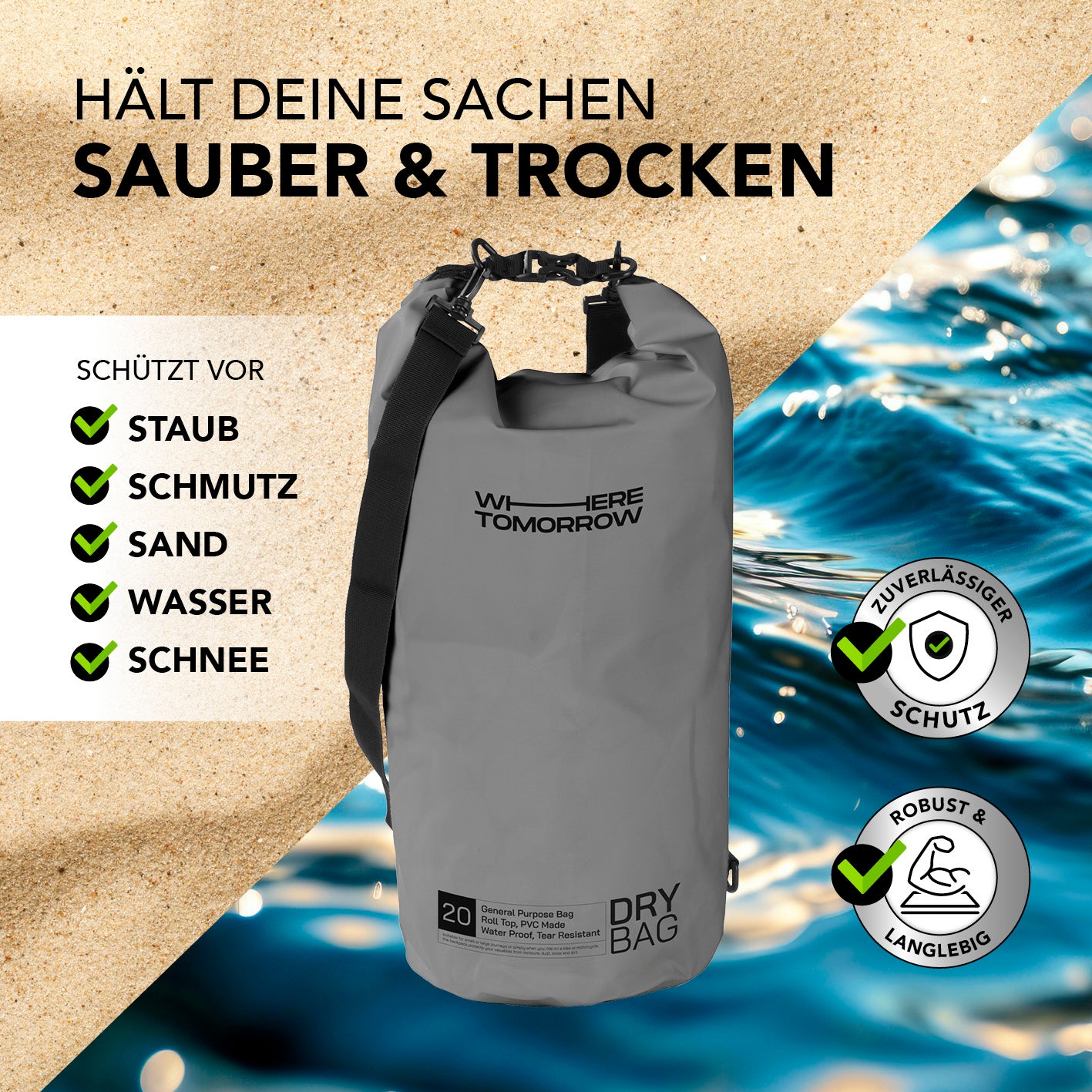 Dry Bag 20L - Style 01 - Grau robuster, wasserdichter Rucksack mit UV-Schutz, ideal für Outdoor-Abenteuer und sicheren Schutz vor Wasser und Sand.