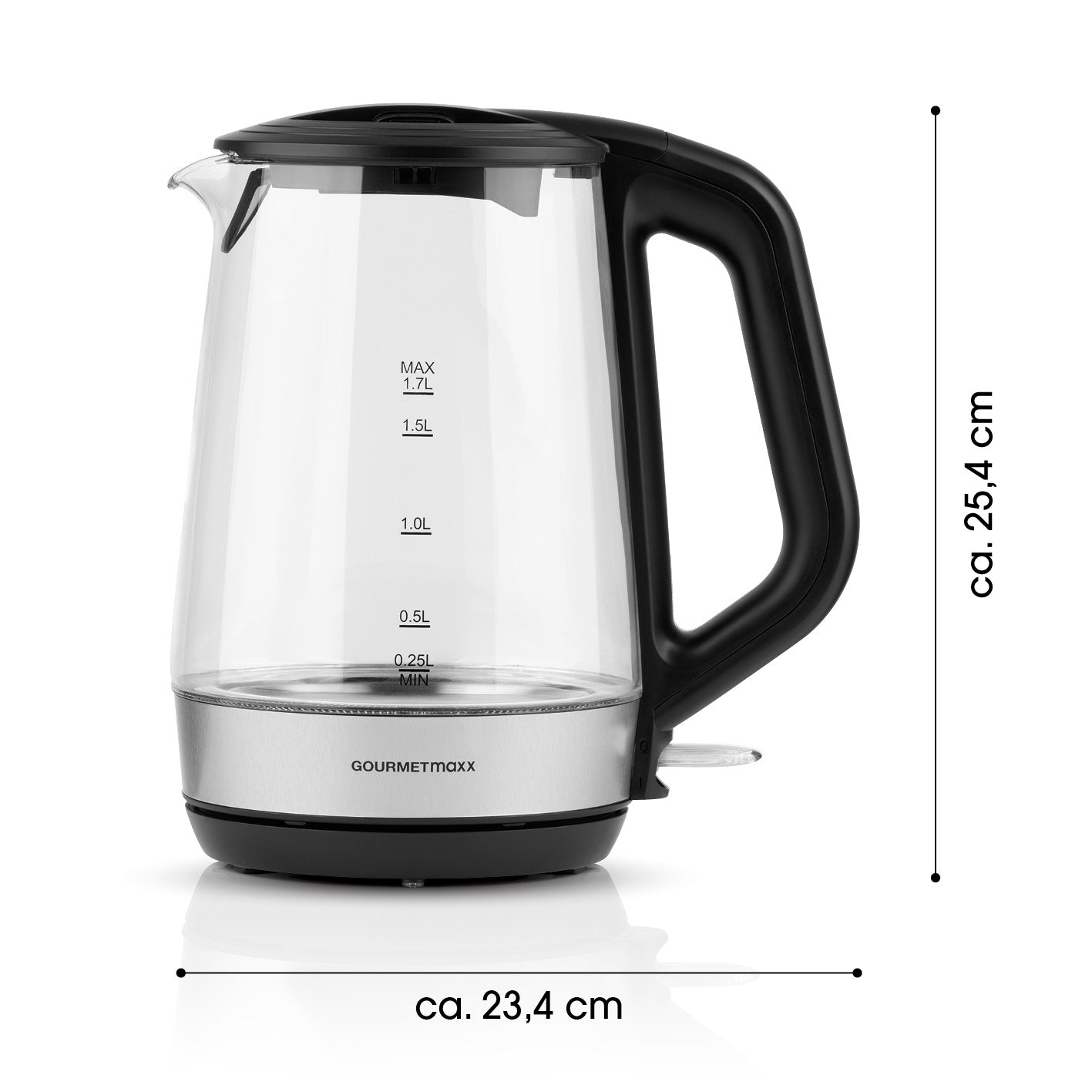 Glas-Wasserkocher - 1,7l mit Skala bis 1,7 Liter, kabellos, große Deckelöffnung, verdecktes Heizelement, Wasserstandsanzeige ab 0,25 Liter.