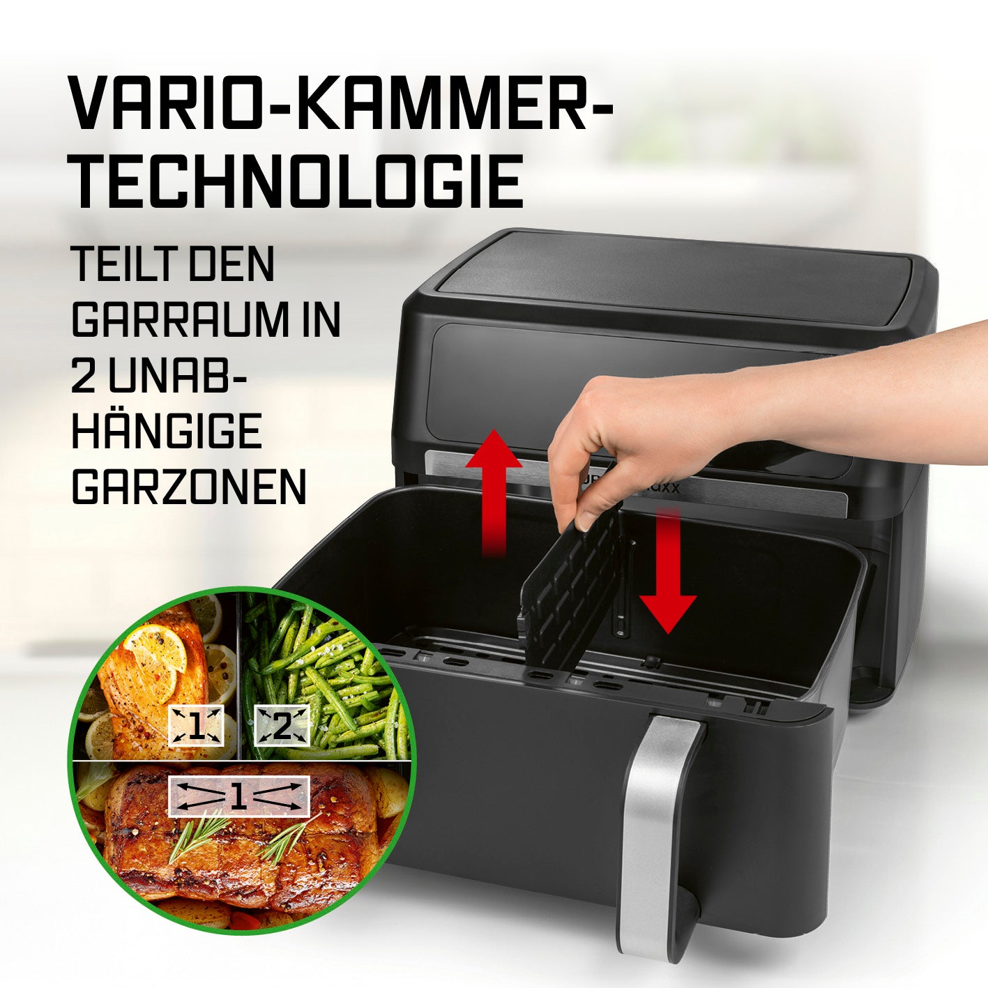 Vario-Kammer-Heißluftfritteuse - 10 Liter mit variabler Trennwand für zwei separate Garzonen und flexible Zubereitung.
