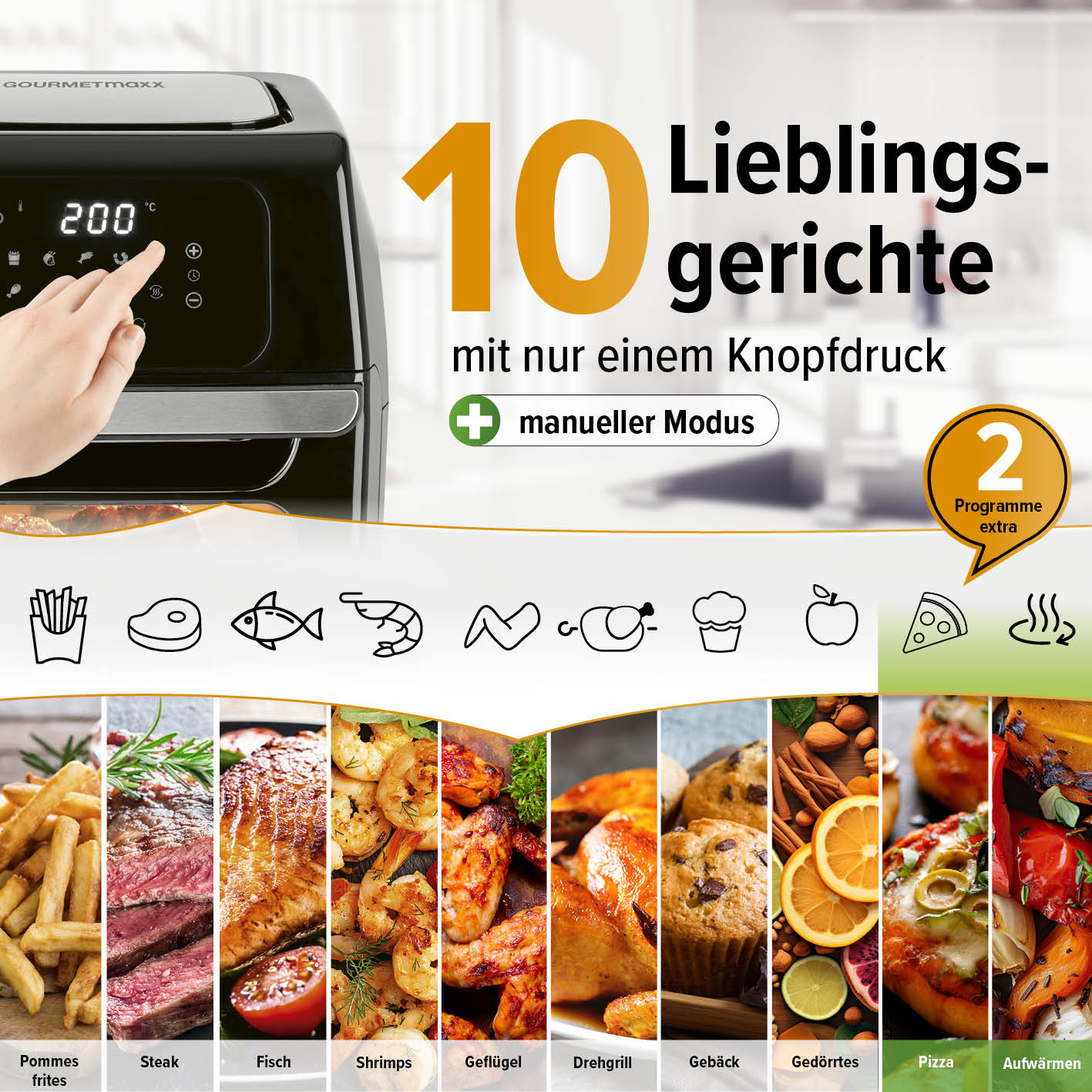 Digitale Heißluftfritteuse - 12 l - Schwarz mit 10 Programmen für fettarmes Frittieren und vielseitige Lieblingsgerichte per Knopfdruck.