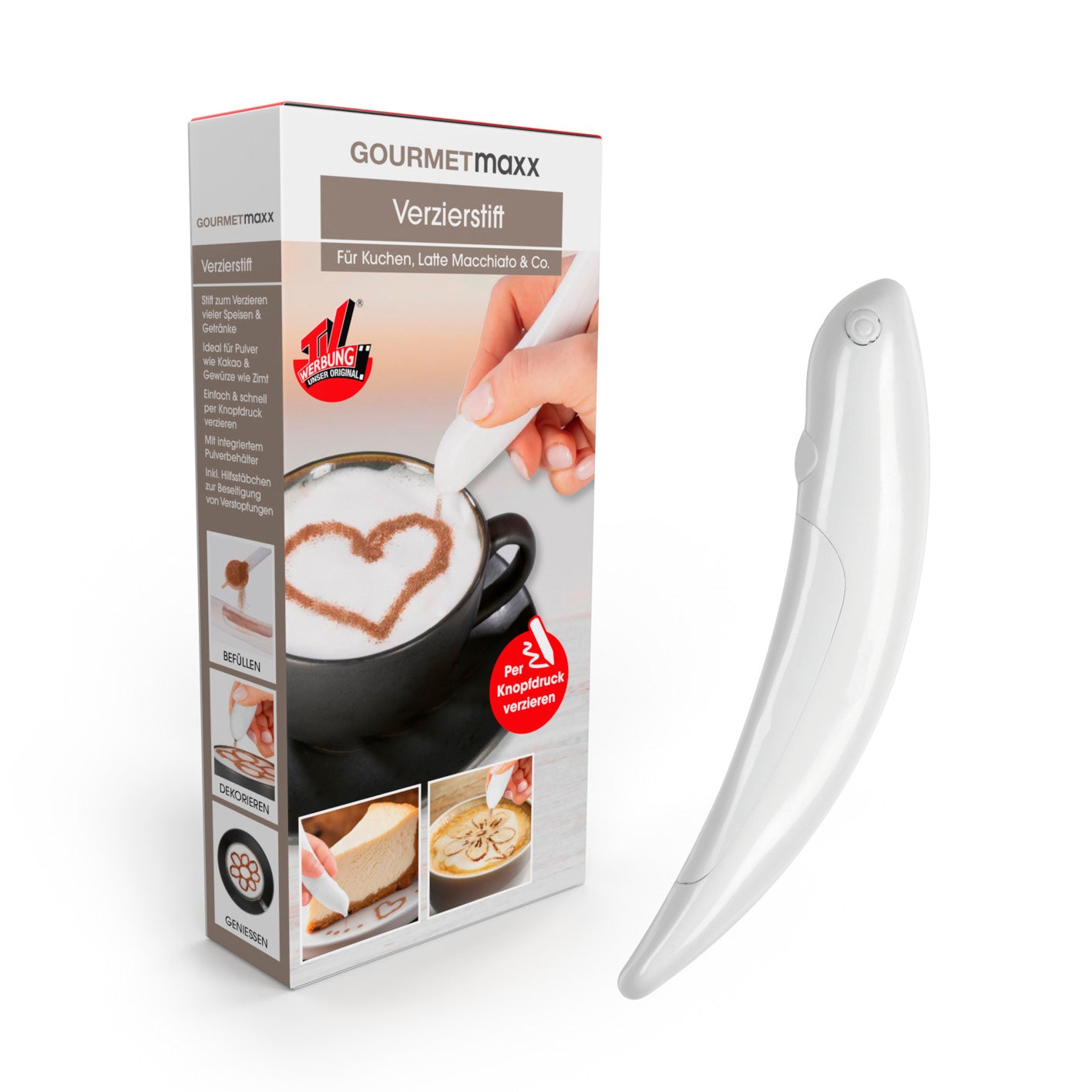 Verzier-Stift für Speisen und Getränke inkl. Batterien & Messlöffel zum Dekorieren von Kaffee, Kuchen und mehr per Knopfdruck.