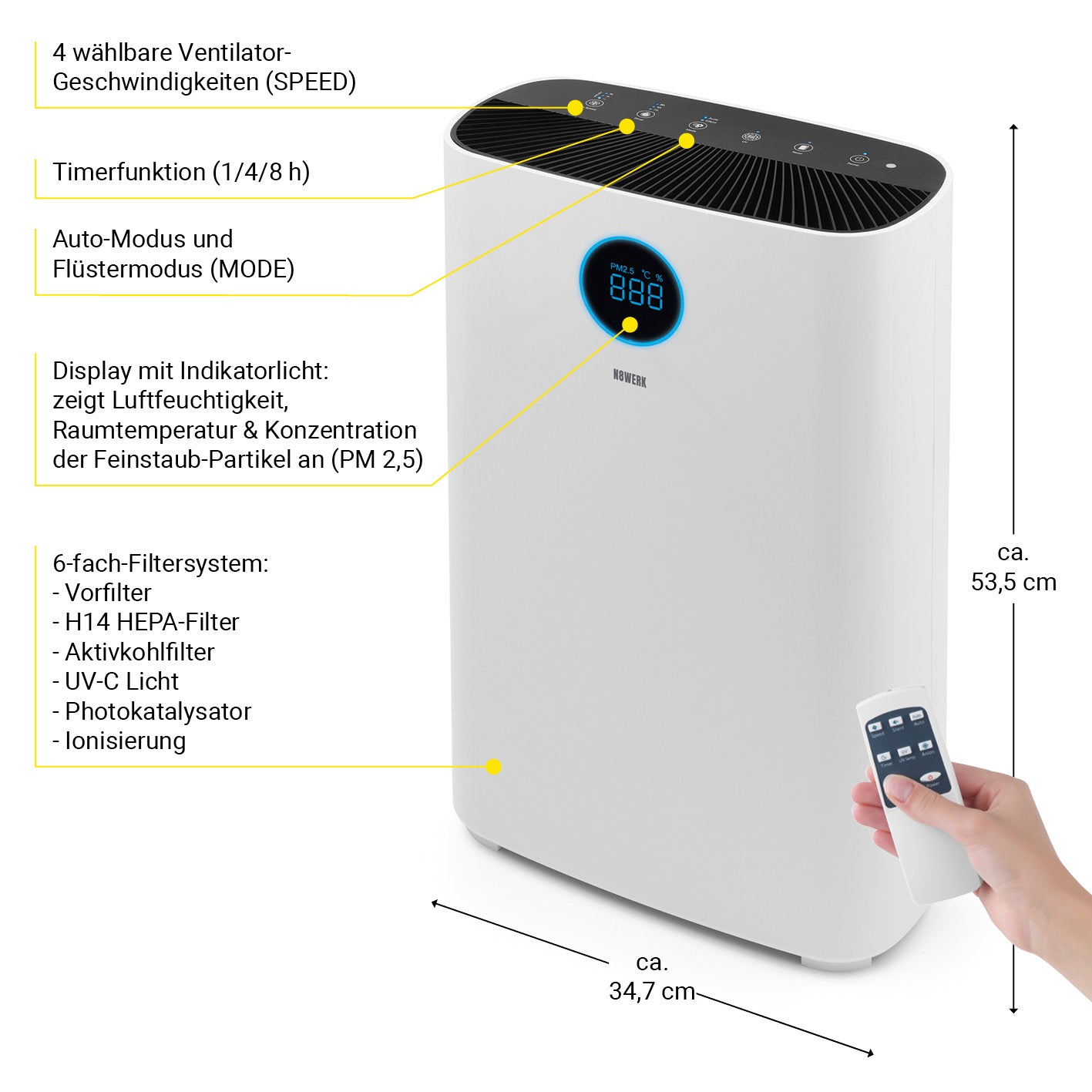 Luftreiniger S - HEPA H14 mit 6-fach-Filtersystem, Display, Timer, 4 Ventilatorgeschwindigkeiten und Fernbedienung.