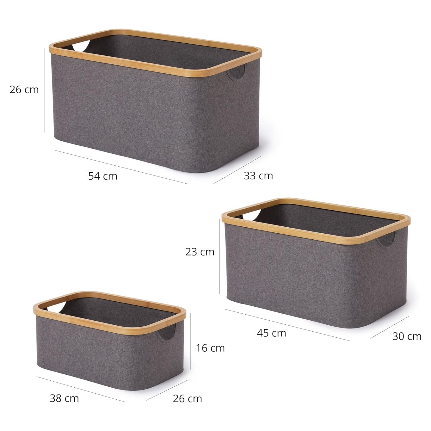 Aufbewahrungsboxen mit Bambus-Rahmen - 3er-Set - Grau, stapelbar, mit Maßen 54x33x26, 45x30x23 und 38x26x16 cm, robust und platzsparend.