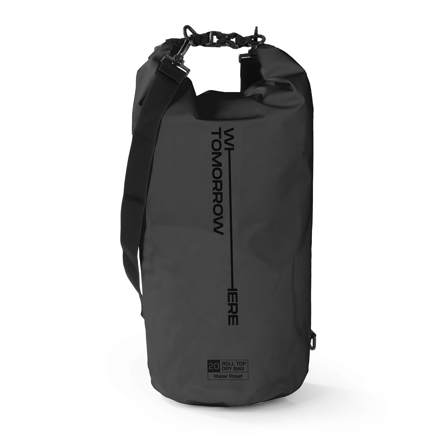 Dry Bag 20L - Style 02 - Schwarz, wasserdichter, robuster Outdoor-Rucksack mit verstellbarem Schultergurt und Rolltop-Verschluss.
