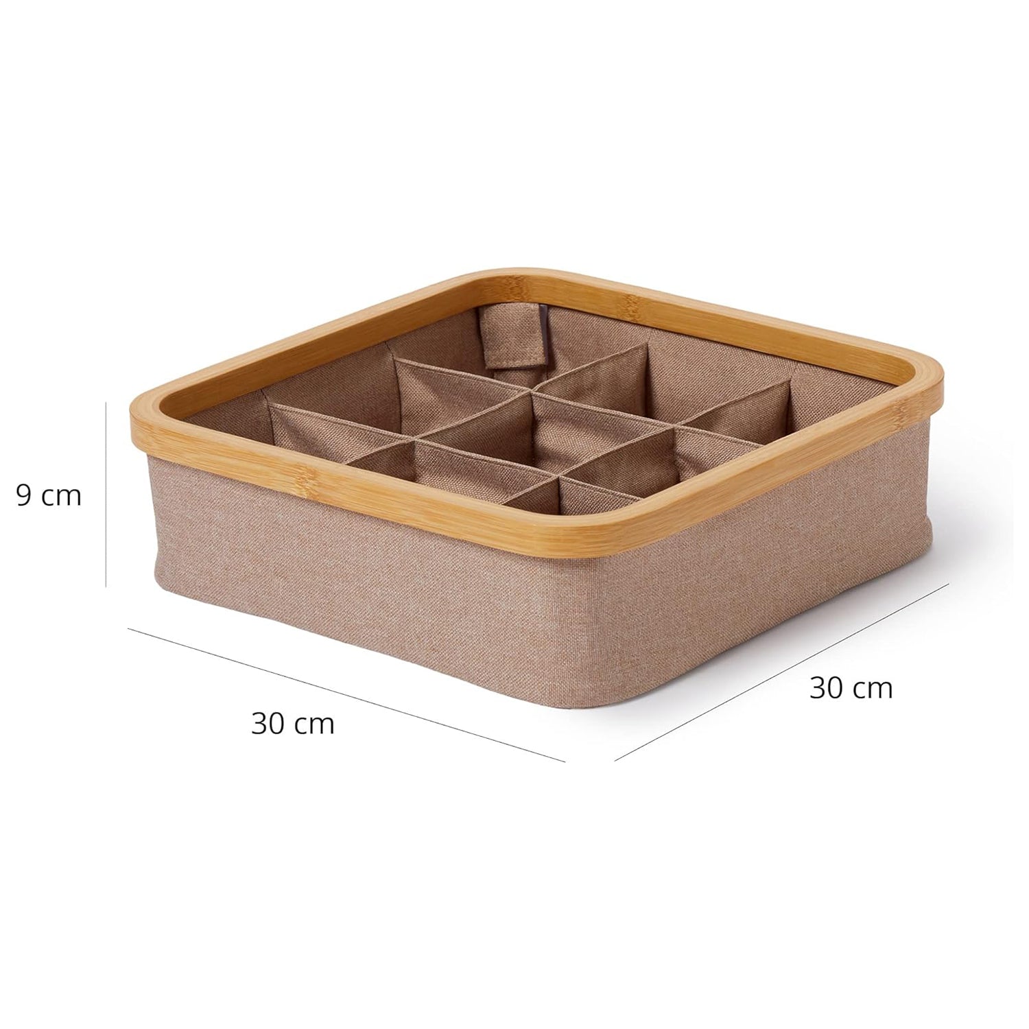 Organizer mit Bambus-Rahmen - 3er-Set - 30x30x9 cm, taupefarbene Box mit 9 Fächern für platzsparende Aufbewahrung und Ordnung.