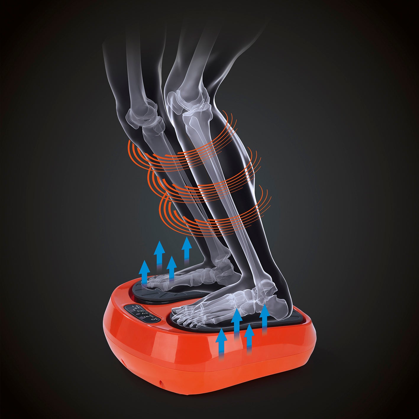 Vibrationsgerät Training & Massage zeigt durchblutungsfördernde Vibration und rotierende Massagerollen an Füßen und Waden.