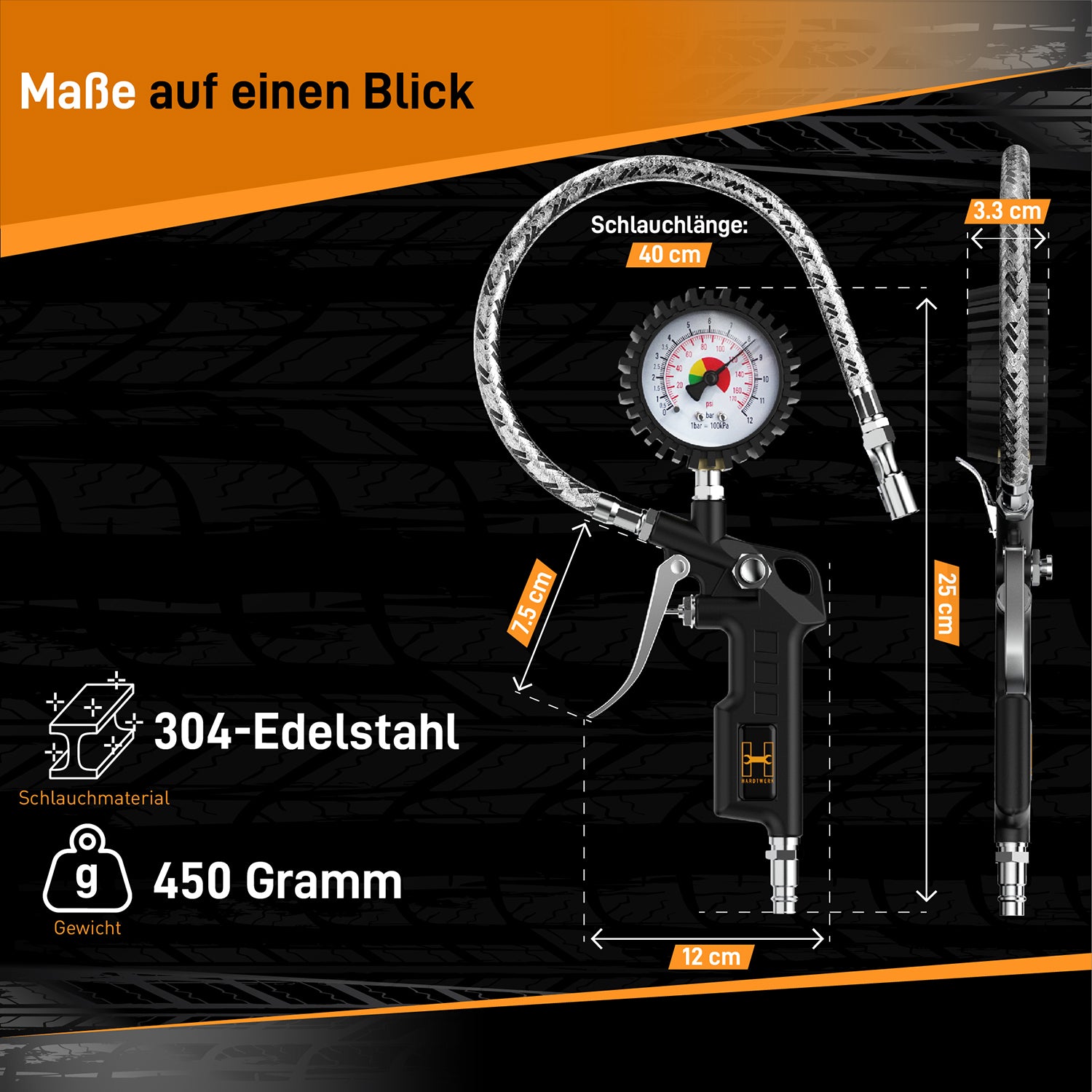 Reifendruckprüfer mit 304-Edelstahlschlauch, 40 cm Länge, 450 g Gewicht, genaue Messung in PSI und BAR, handlich und robust