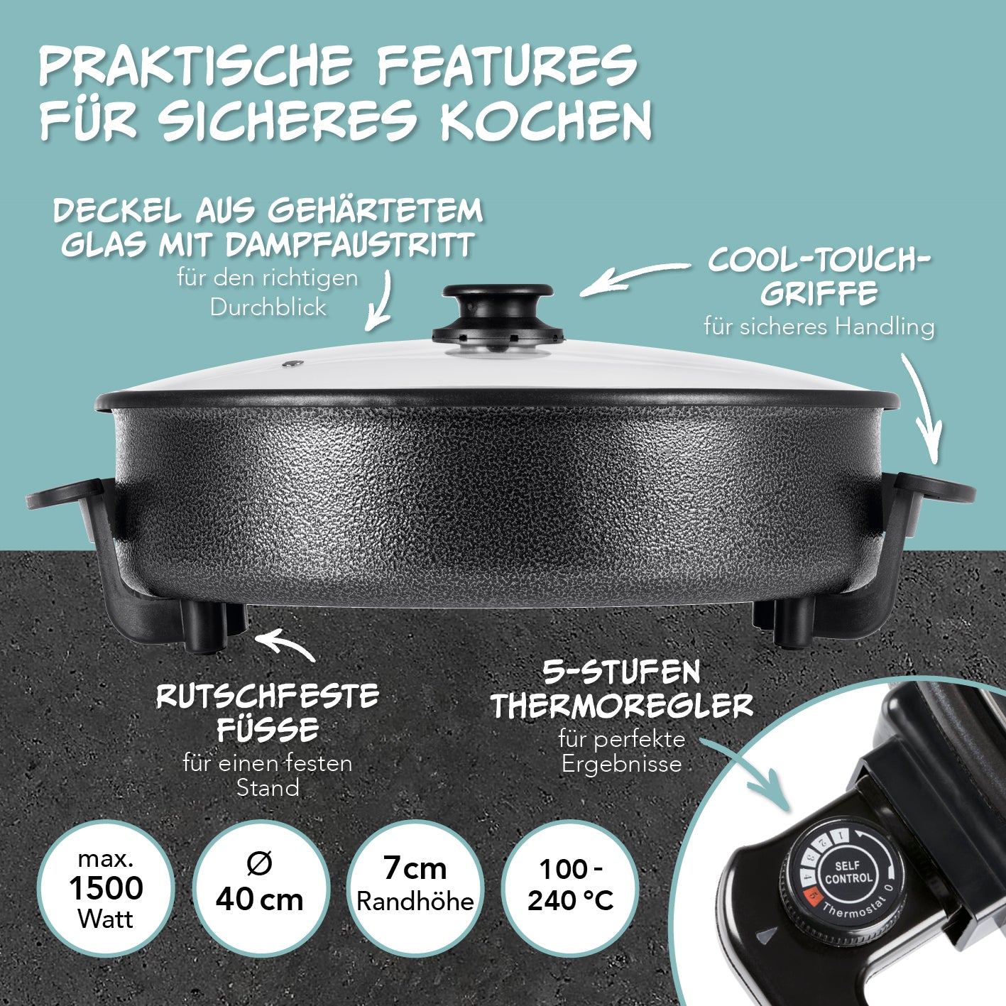 Pizza-Pfanne mit Deckel - Elektrisch 1500W - ⌀ 40 cm mit Antihaft, Thermostat, Glasdeckel und rutschfesten Füßen für vielseitiges Kochen.