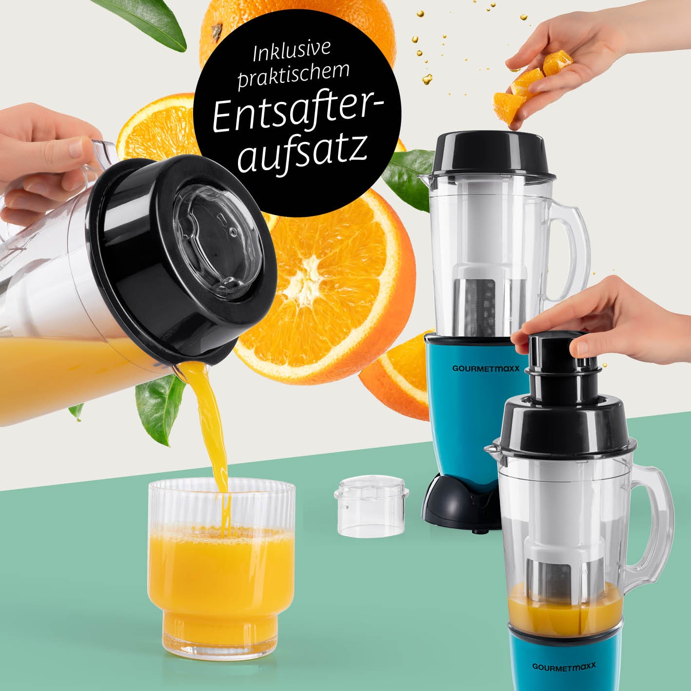 Mr. Magic Power 400 Pro mit Zubehörset XL - Grün/Schwarz mit Entsafteraufsatz für frische Säfte und vielseitige Mixergebnisse.