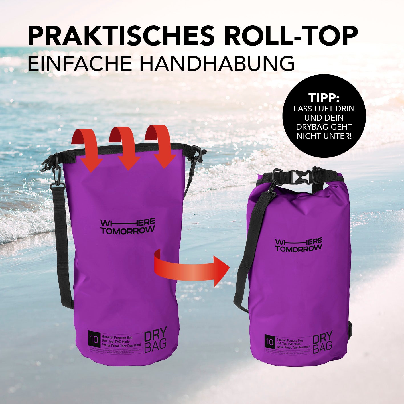 Dry Bag 10L - Style 01 - Lila mit wasserdichtem Rolltop-Verschluss und verstellbarem Schultergurt für sichere Outdoor-Abenteuer.