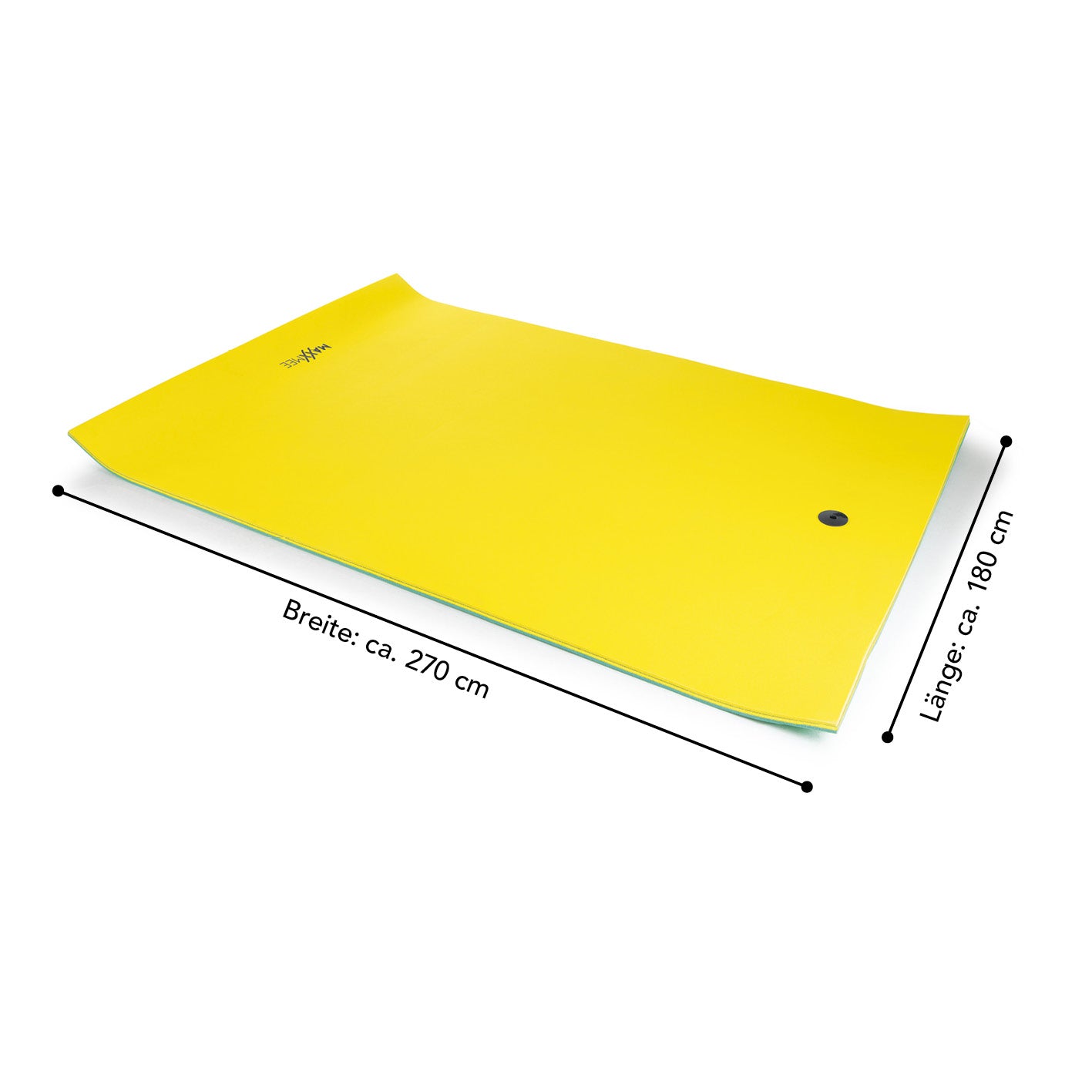 Wassermatte XXL 270 x 180 cm in gelb/türkis, robust, belastbar bis 300 kg, Maße mit Längen- und Breitenangabe sichtbar.