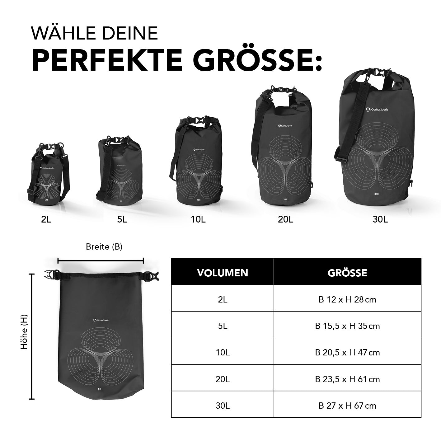 Dry Bag 5L - Schwarz wasserdichter, robuster Outdoor-Rucksack mit Rolltop, verstellbarem Gurt und UV-Schutz, ideal für Abenteuer.