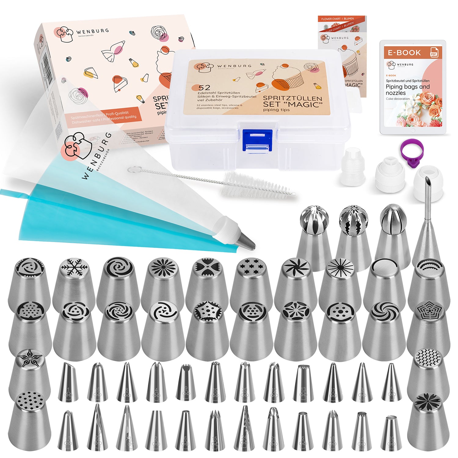 Spritzbeutel-Set mit Tüllen - 100-tlg. mit 52 Edelstahltüllen, 41 Spritzbeuteln, Adapter, Bürste und Aufbewahrungsbox für Dekorieren.
