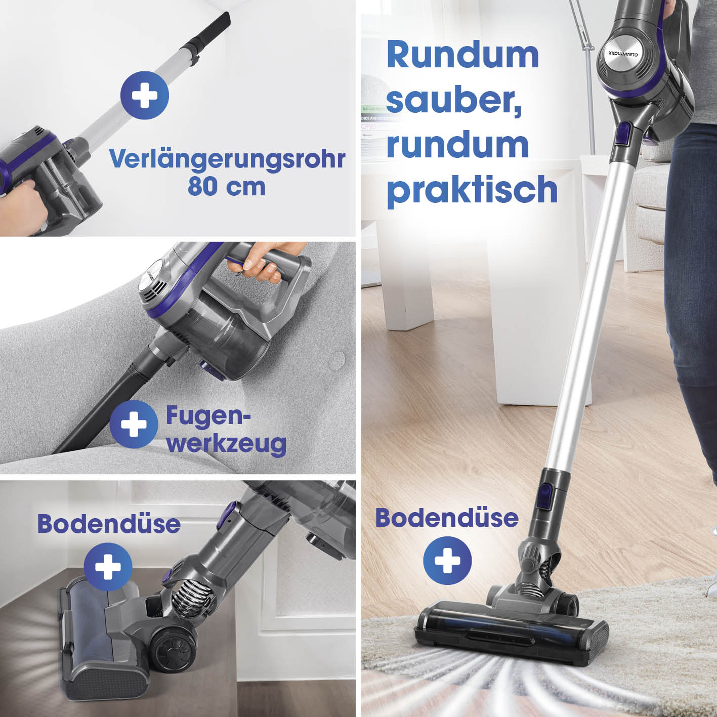 Akku-Zyklon-Staubsauger - anthrazit/lila mit Verlängerungsrohr, Fugenzubehör und Bodendüse für gründliche Reinigung.