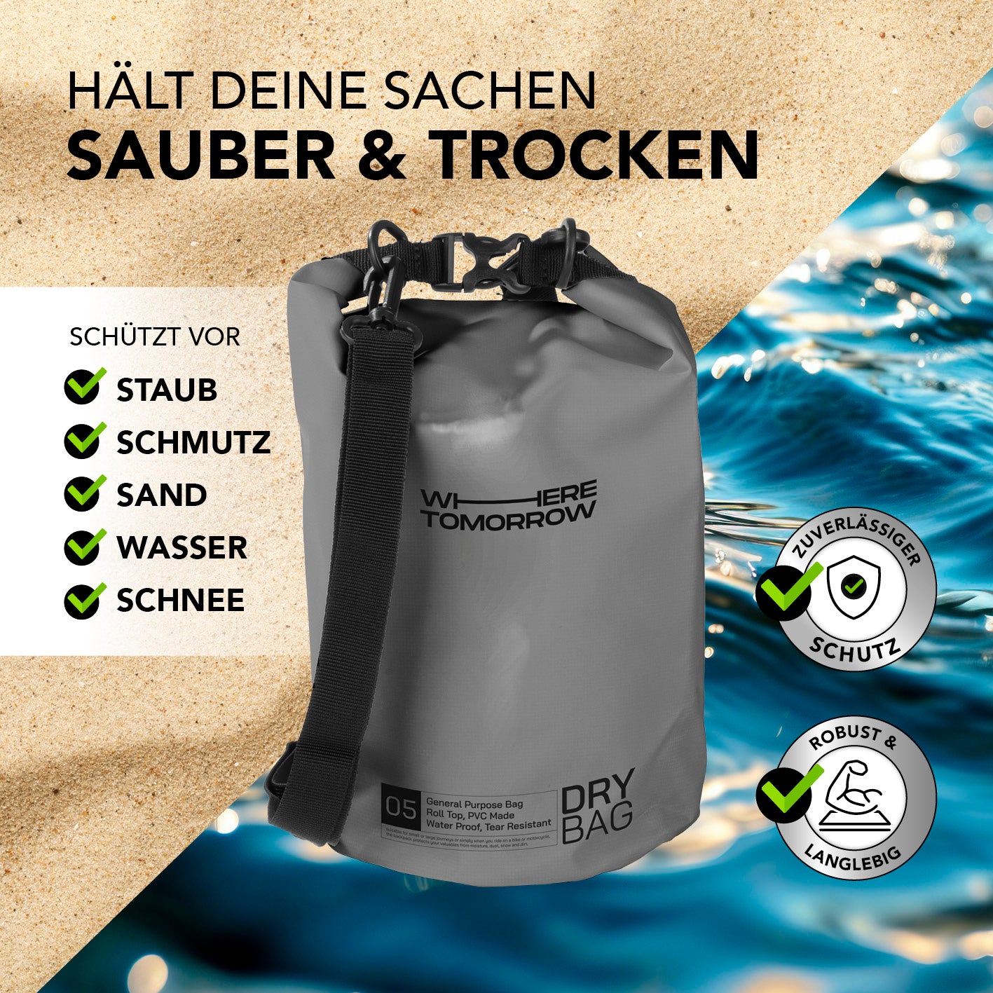 Dry Bag 5L - Style 01 - Grau, wasserdichter und robuster Outdoor-Rucksack zum Schutz vor Staub, Schmutz, Sand, Wasser und Schnee.