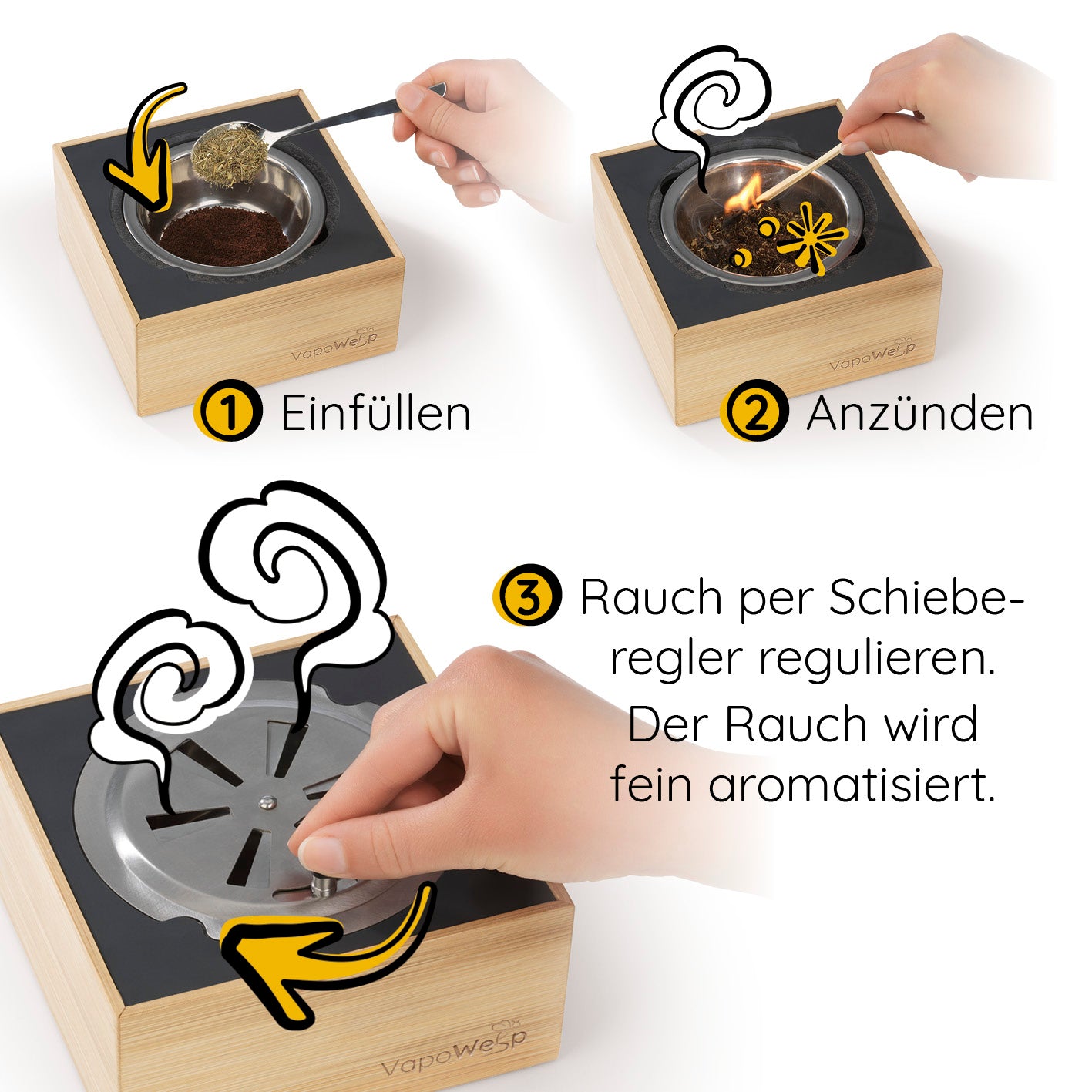 Pulver-Set Orange & Rosemary (100 g) + Lemon Basil (100 g) + Hay Flowers & Thyme (100 g) mit aromatischem Duft für VapoWesp Räucherbox.