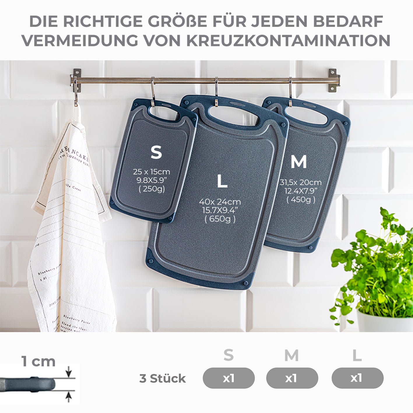 Frühstücksbrettchen - 3er-Set - Marmoroptik Weiß, rutschfeste Kunststoffbretter in drei Größen zum Schneiden und Servieren.