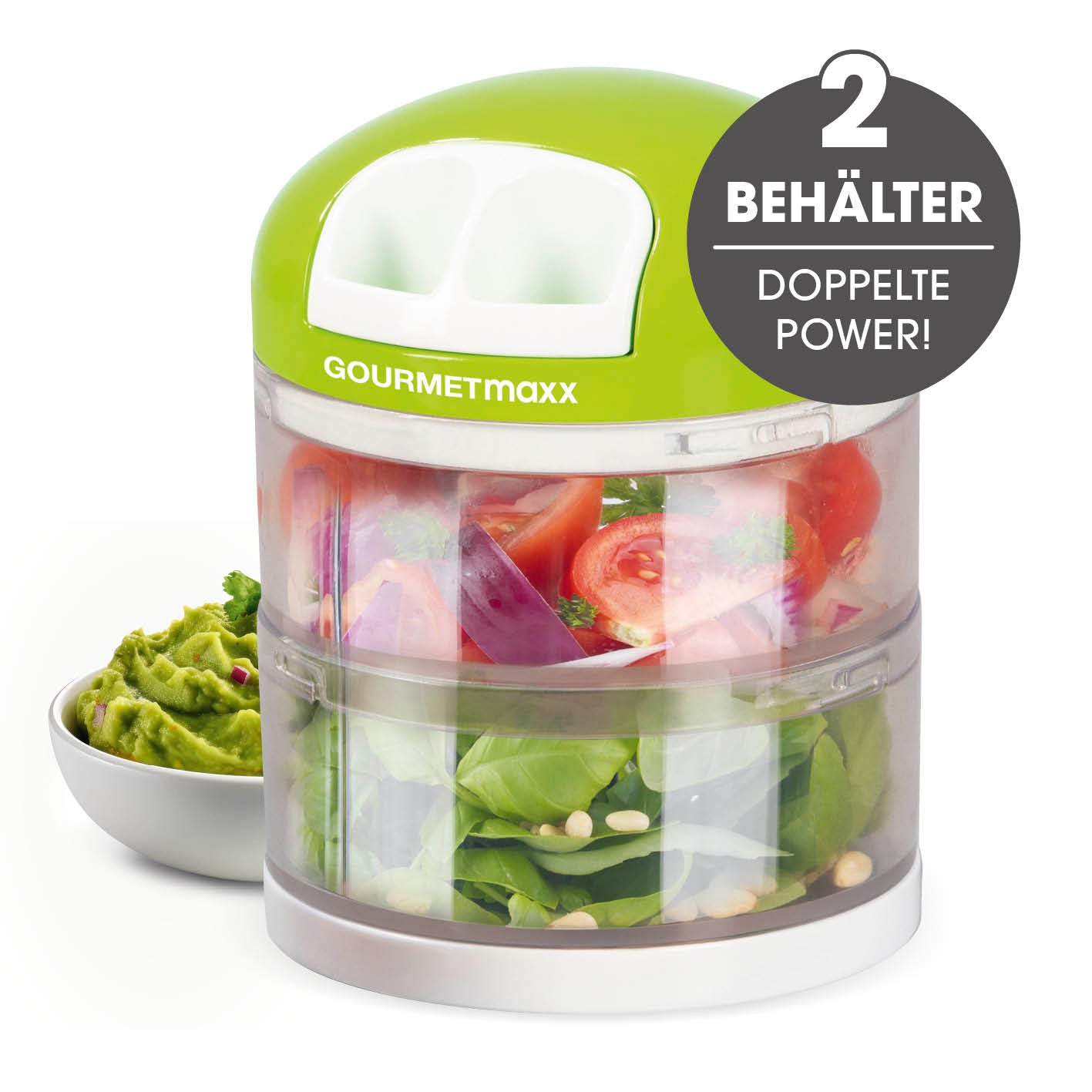 Multi-Zerkleinerer mit praktischem Zugmechanismus & 2 getrennten Behältern von GOURMETmaxx zum gleichzeitigen Zerkleinern.