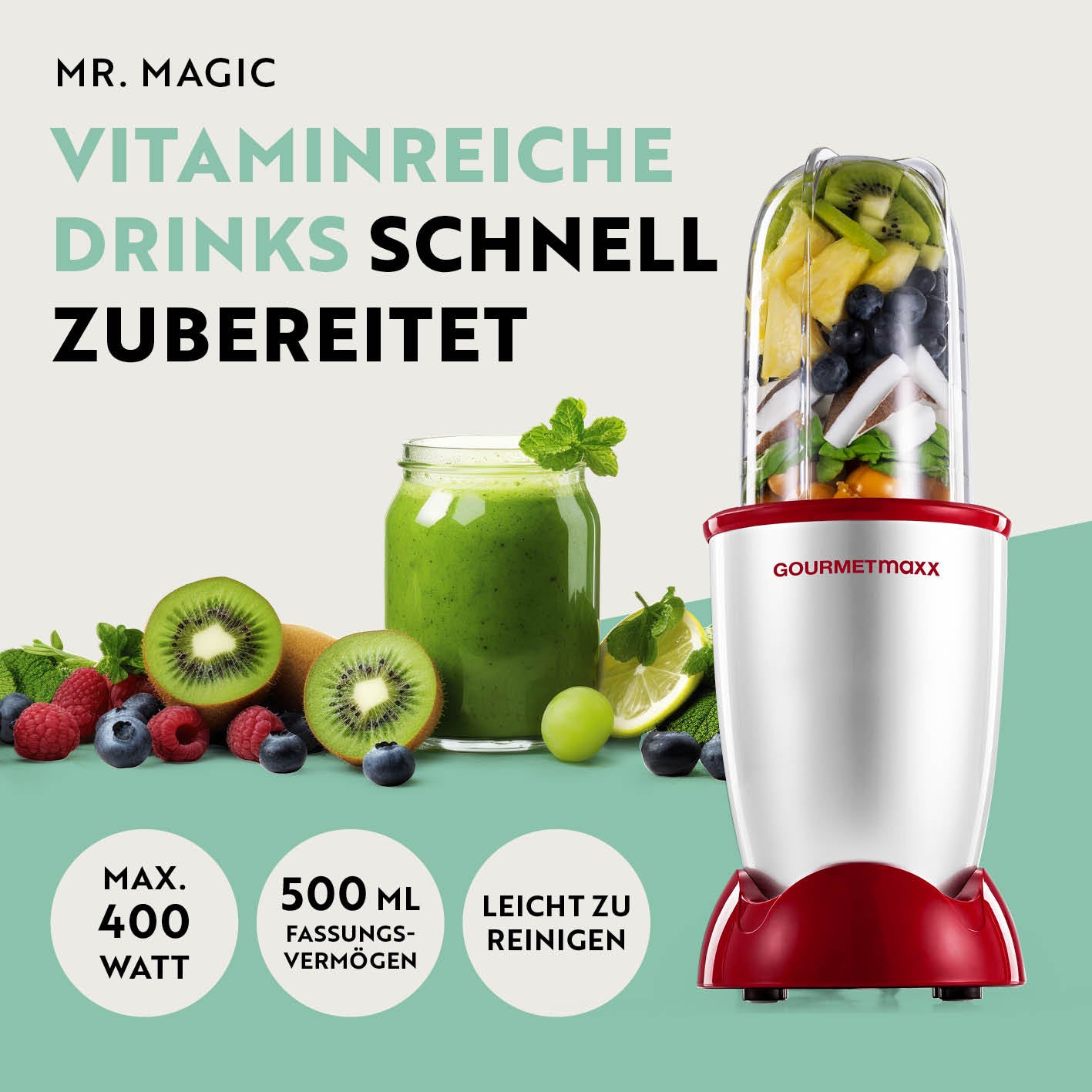 Mr. Magic Power 400 Pro mit Zubehörset XL - Silber/Rot kompakter Standmixer für schnelle Vitamin-Drinks mit 400 Watt und 500 ml Fassungsvermögen