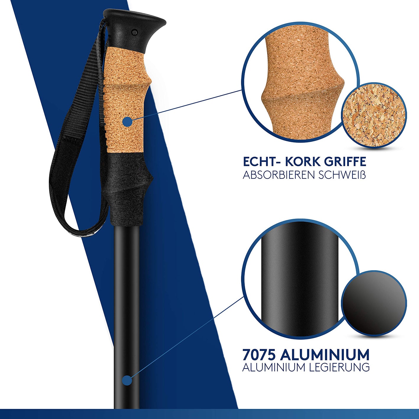 Teleskop Wanderstöcke mit Gummipuffer Set - Aluminium mit schweißabsorbierenden Korkgriffen und robustem 7075 Aluminiumrahmen.