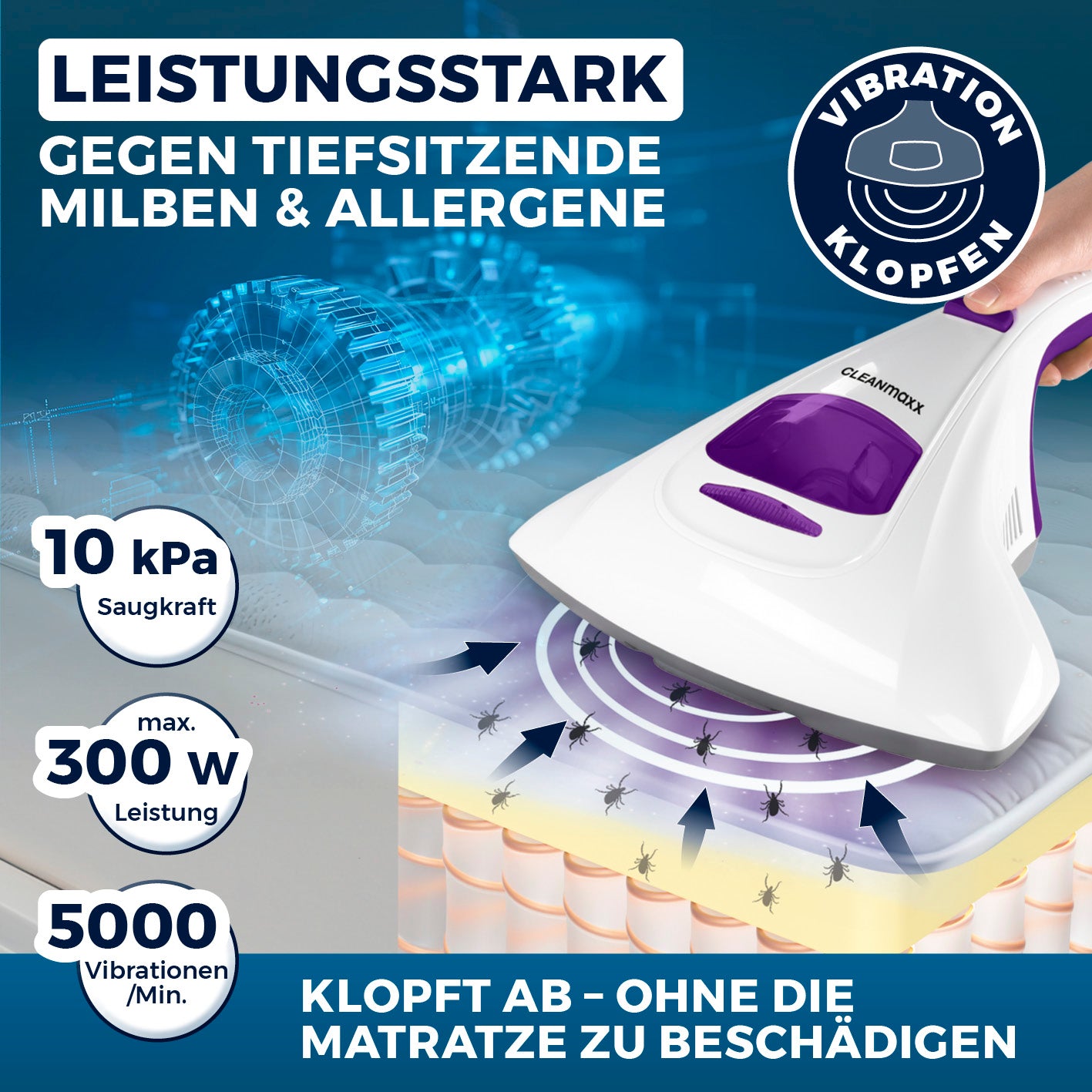 Milbensauger Vibration - Weiß/Lila mit 10 kPa Saugleistung und 5000 Vibrationen/min zur effektiven Milbenentfernung auf Matratzen.