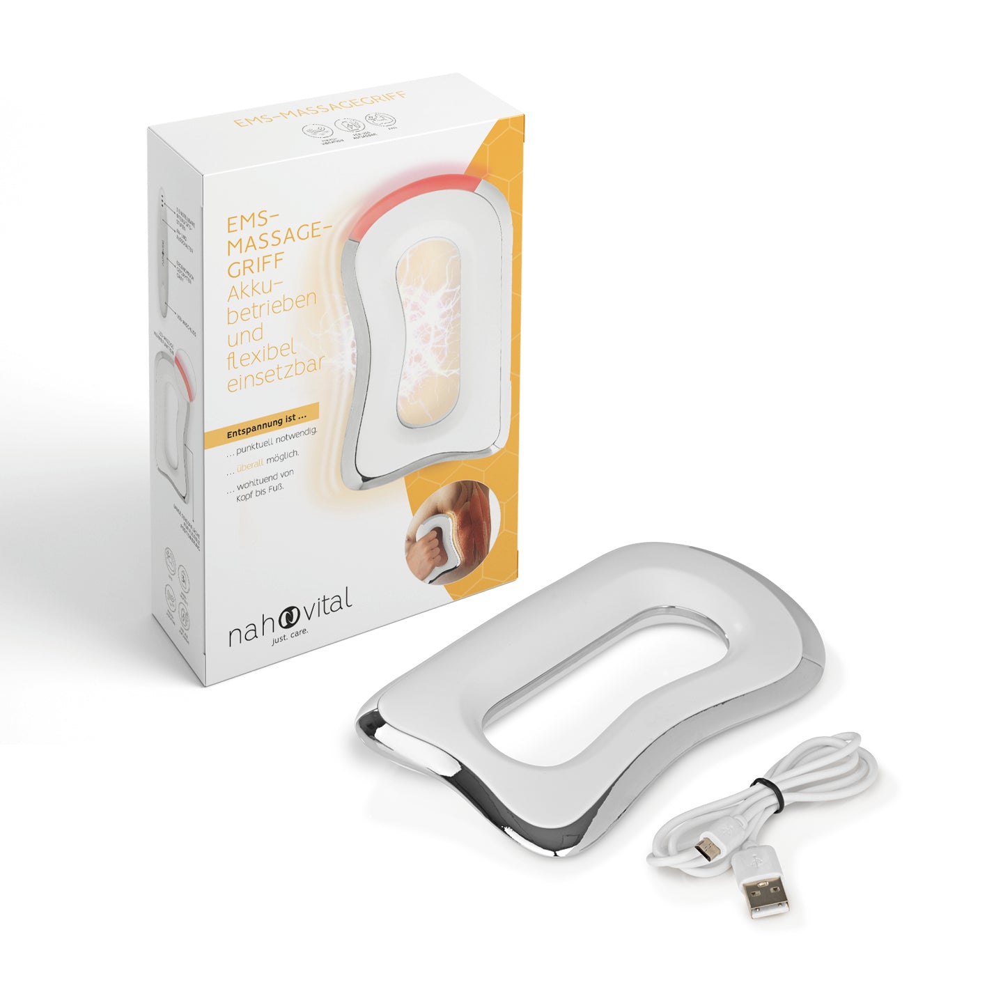 EMS-Massagegriff - 3 Intensitätsstufen und Wärmefunktion, handlich mit Akku, USB-Ladekabel und flexibler Anwendung für EMS-Massage.
